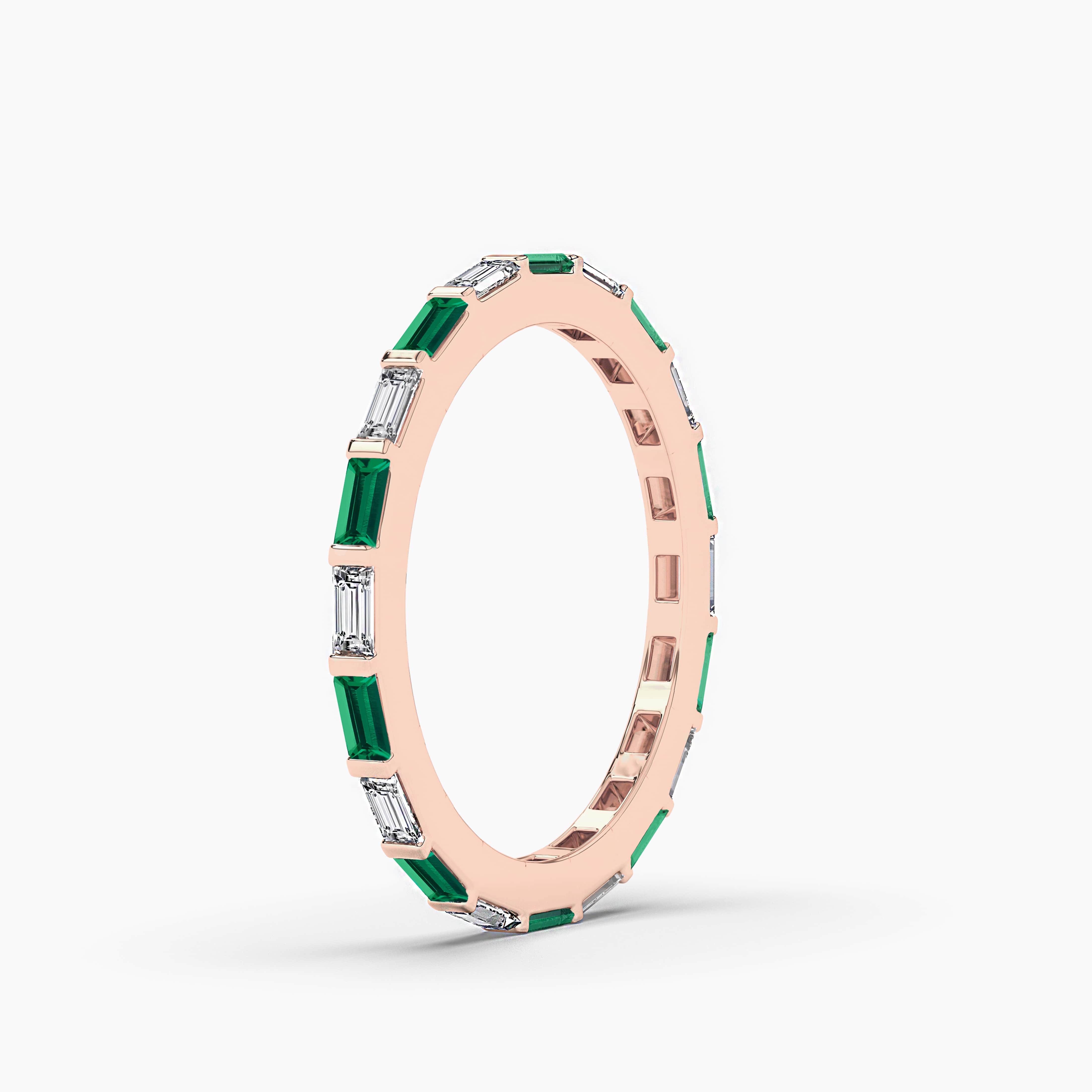 Emerald and White Baguette Half Eternity Band in rose gold