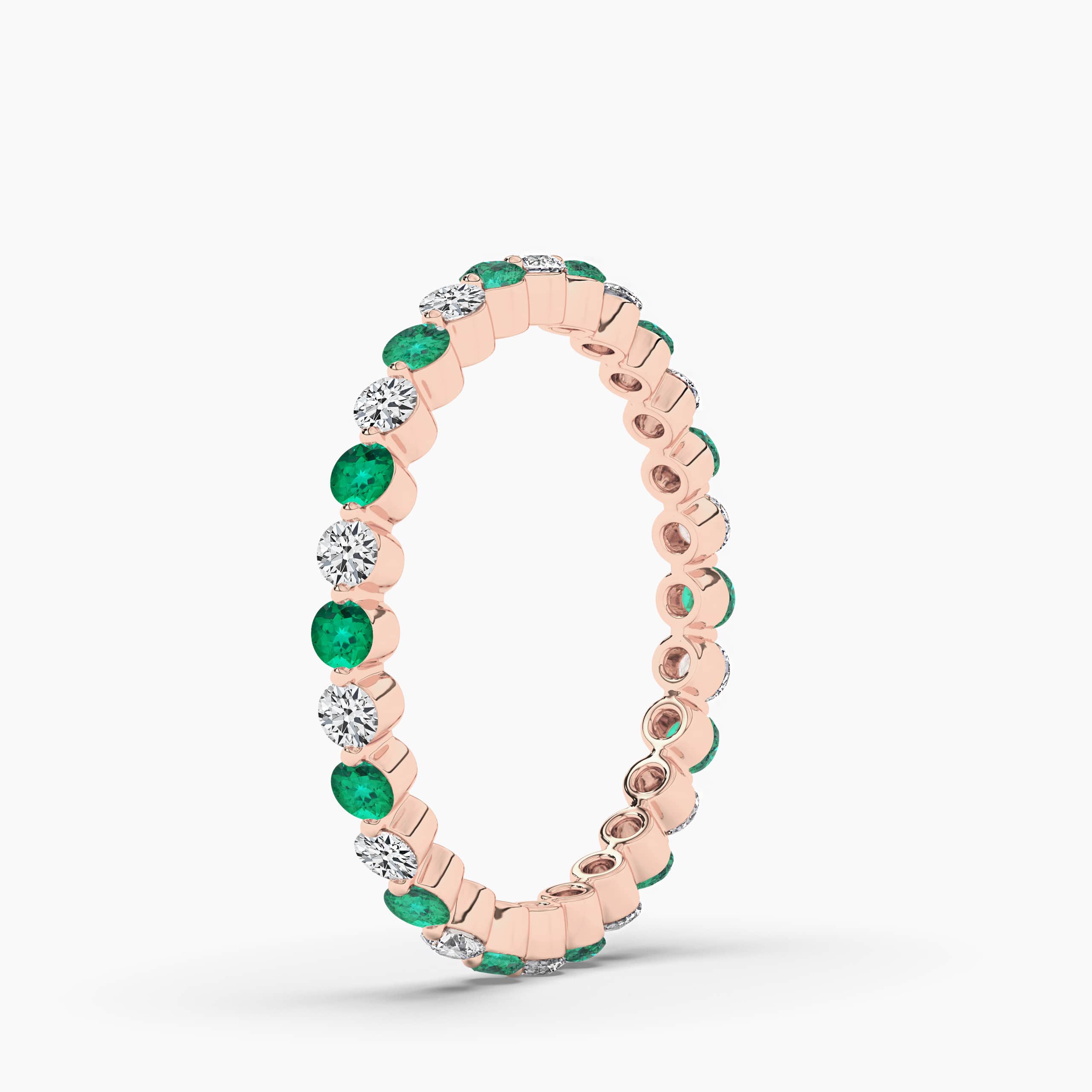 Round Cut Diamond & Green Emerald Eternity Band In Rose Gold 