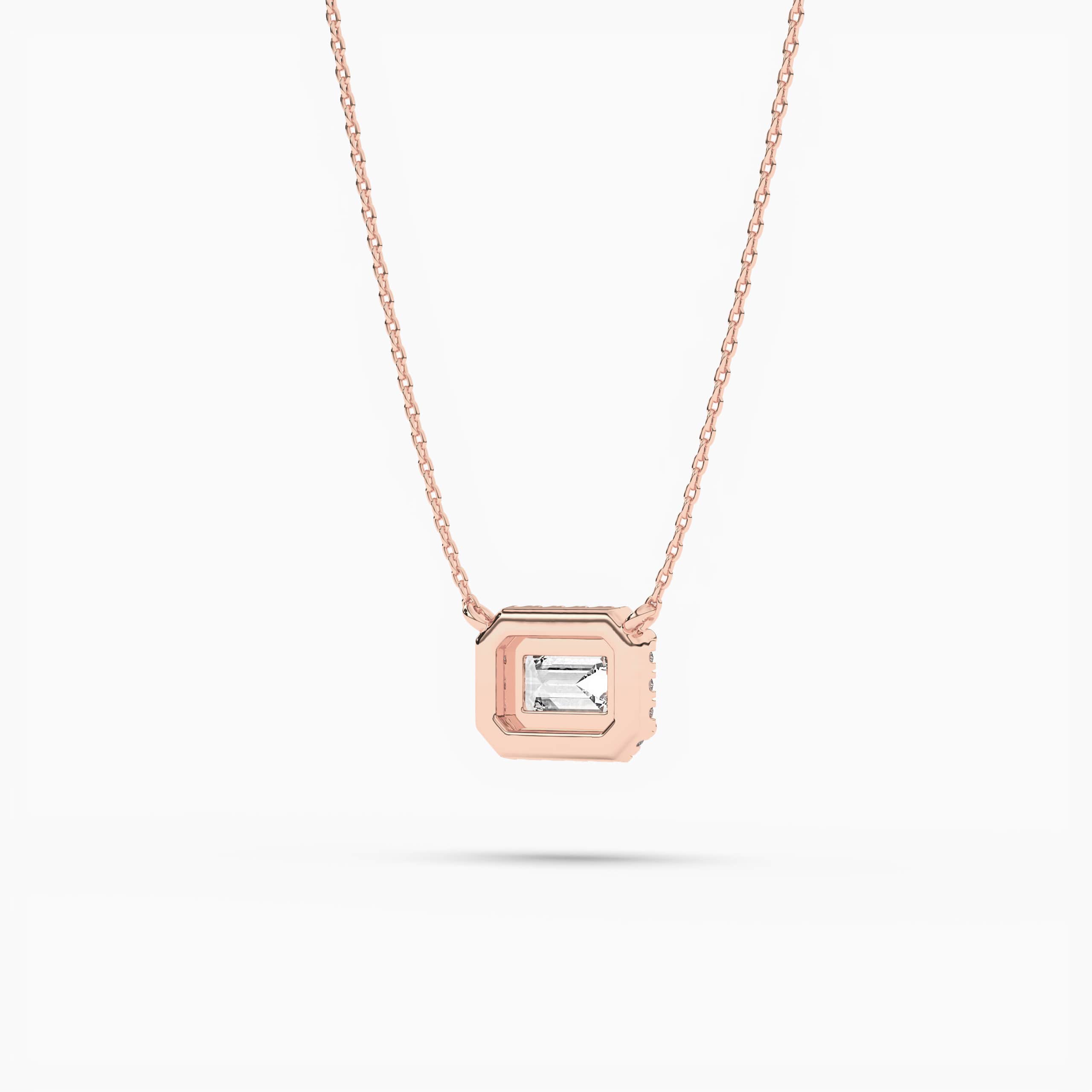 Rose Gold Rectangular Emerald-Cut Lab Grown Diamond Horizontal Solitaire Pendant Necklace