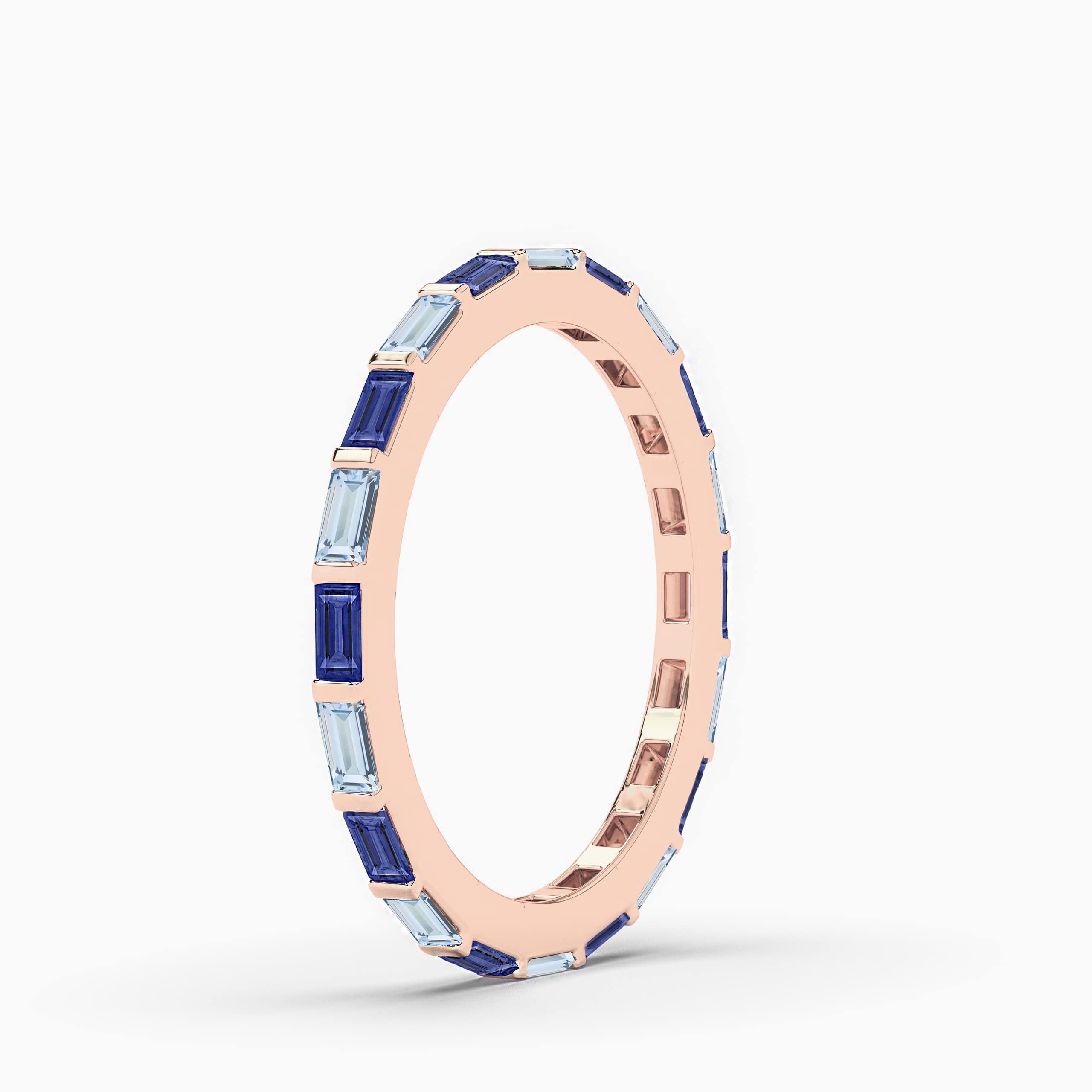 Rose Gold Baguette Eternity Band In Blue Sapphire And Aquamarine Band