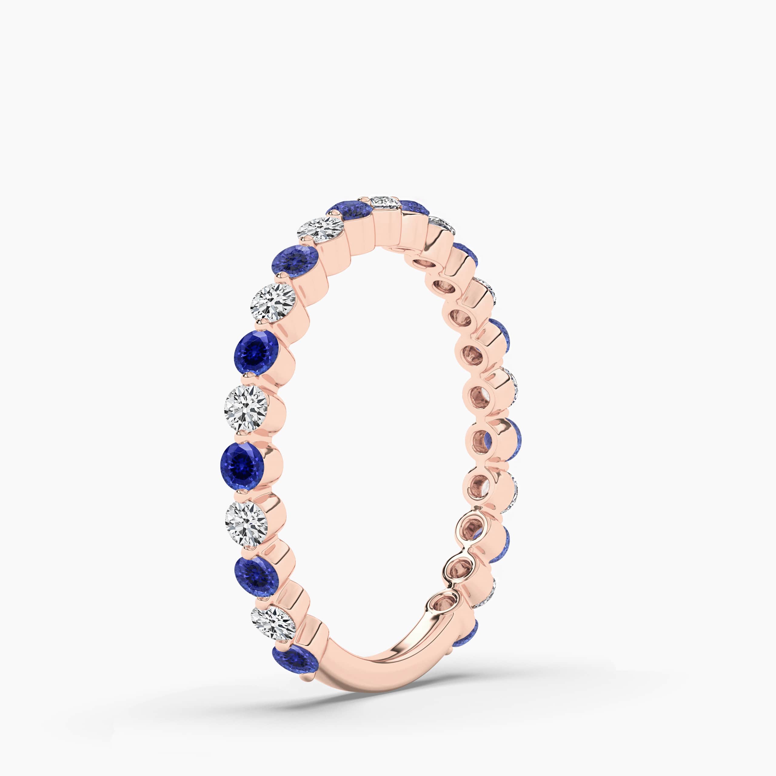 Round Cut Blue Sapphire & White Diamond Half Eternity Wedding Band for Women In Rose Gold