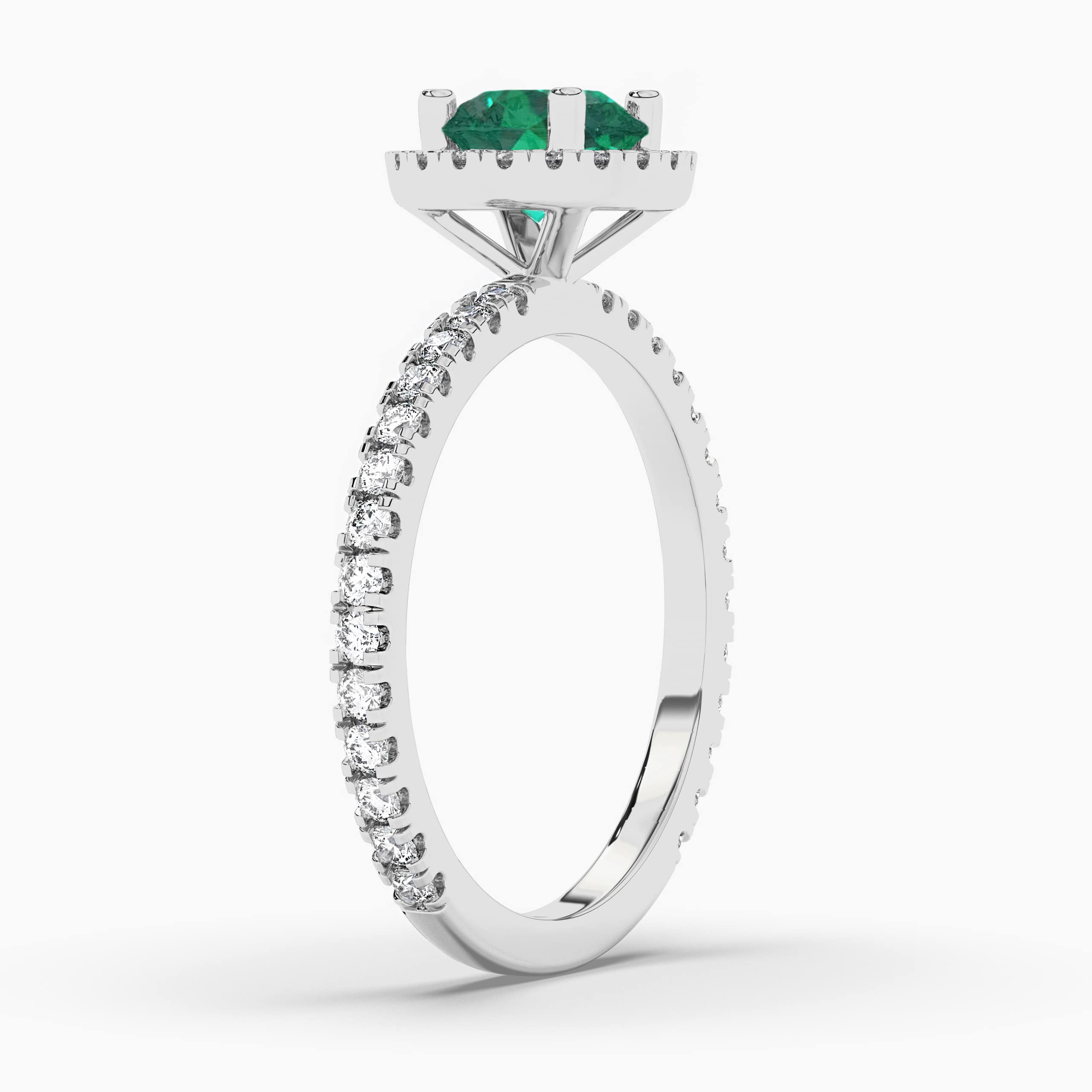 Round Cut Emerald Halo Ring, White Gold
