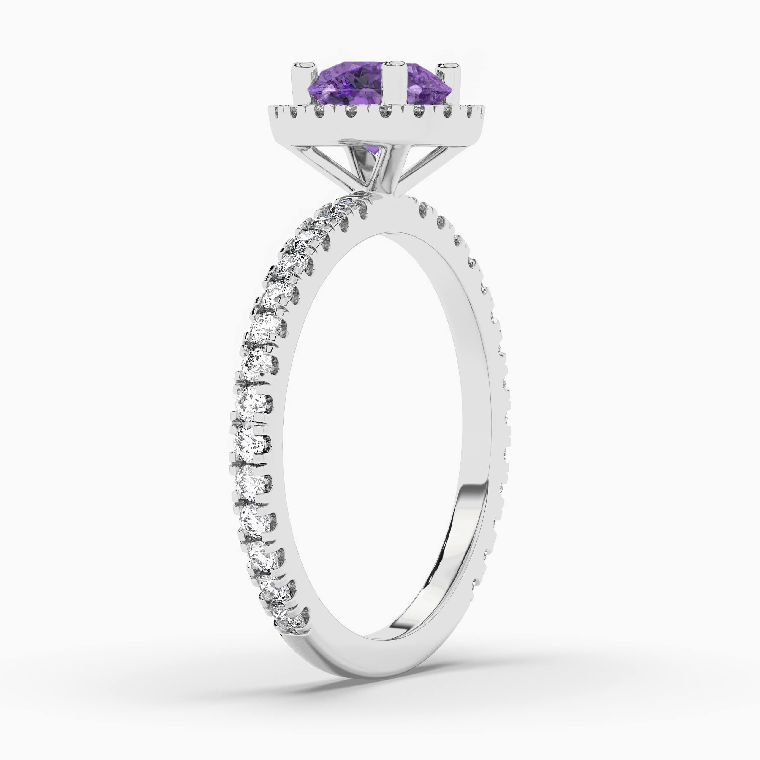 Round-Cut Amethyst & Diamond Halo Ring White Gold