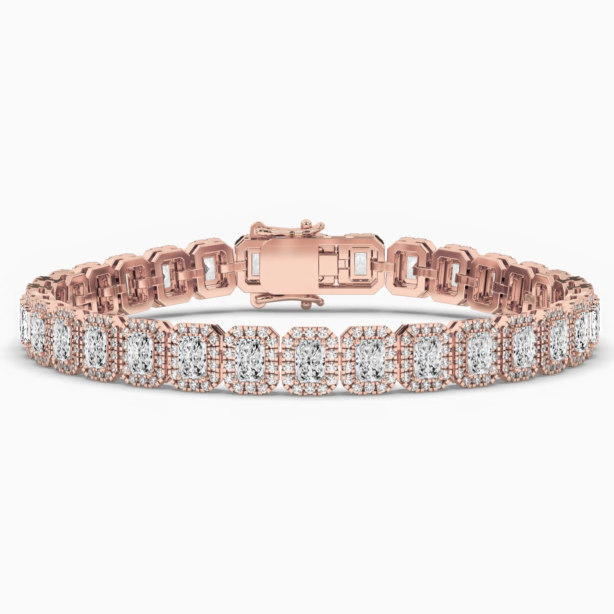 Radiant cut halo tennis bracelet in rose gold