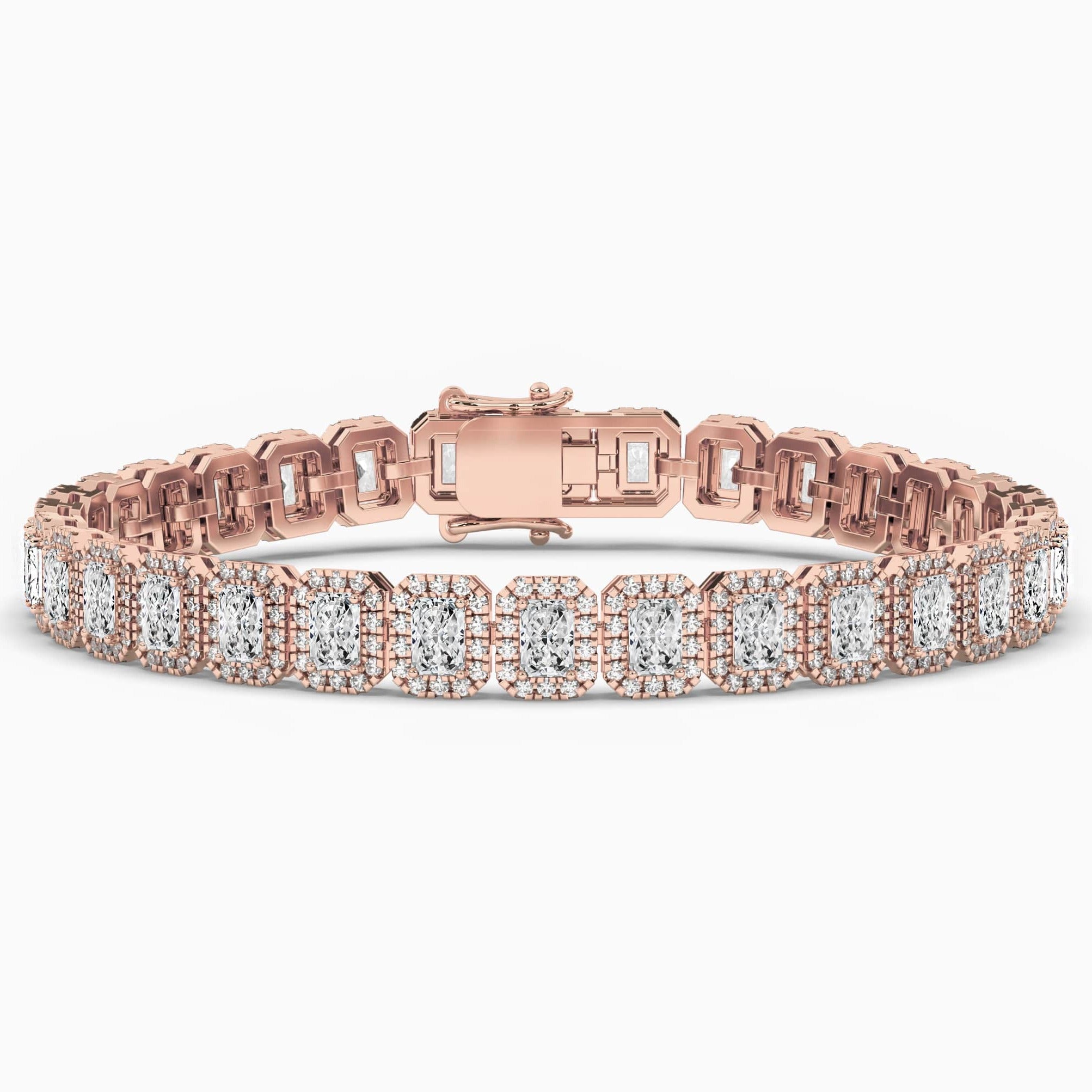 Radiant cut halo tennis bracelet in rose gold