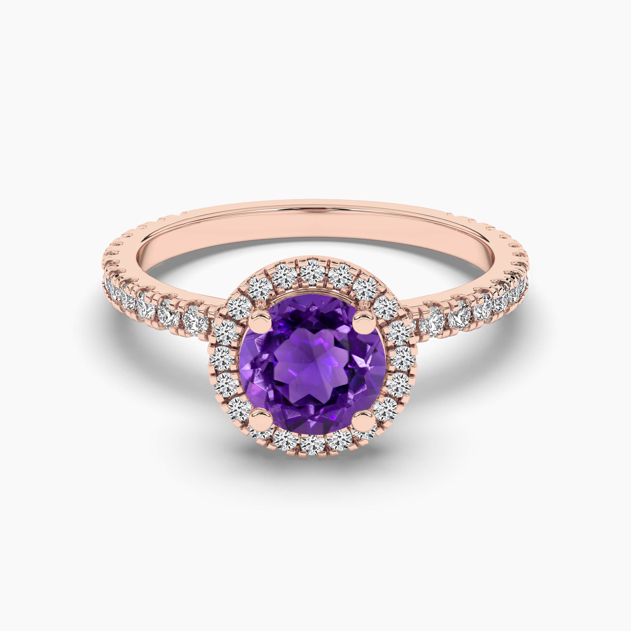 Round Cut Amethyst and Round Diamond Hidden Halo Engagement Ring