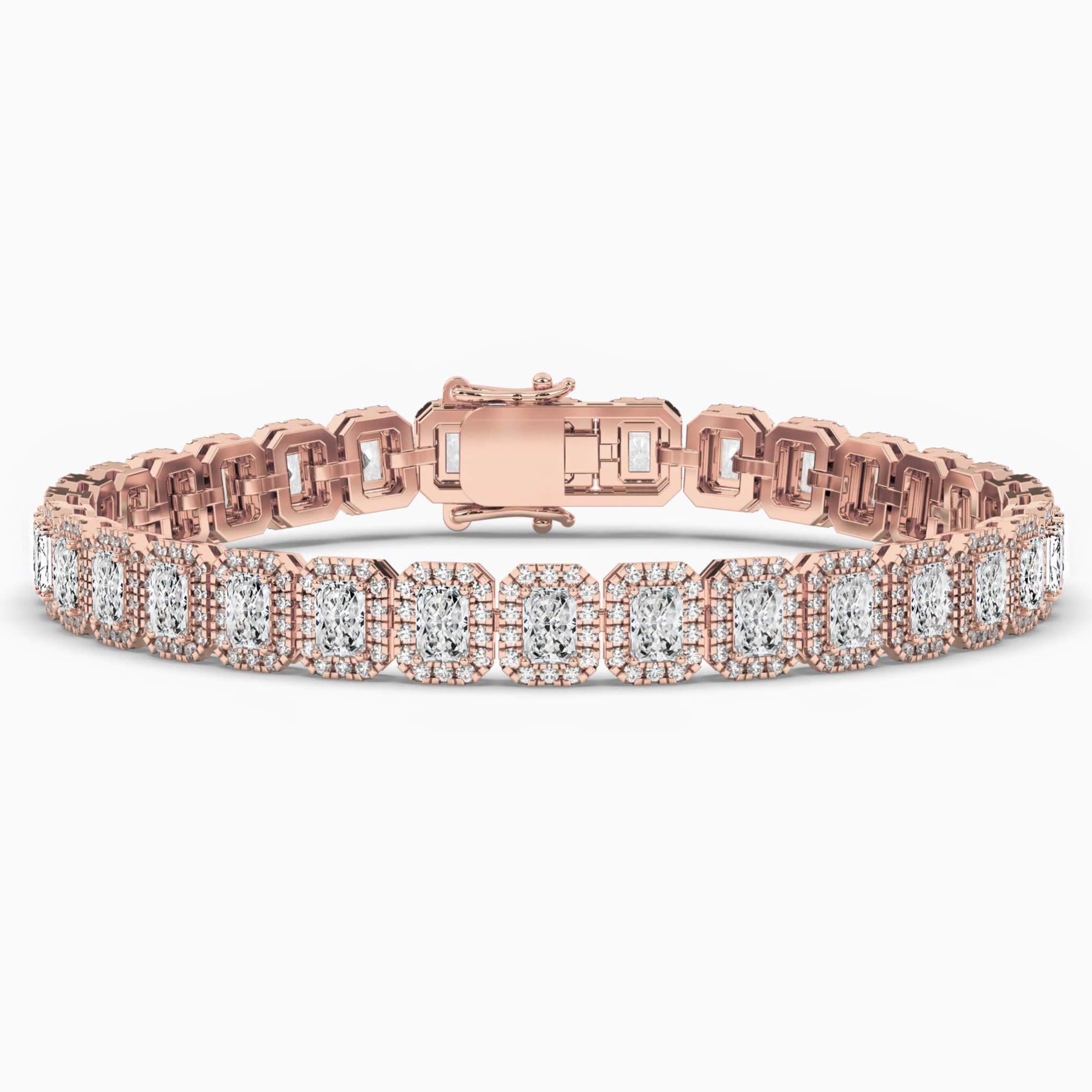 Radiant cut halo tennis bracelet in rose gold