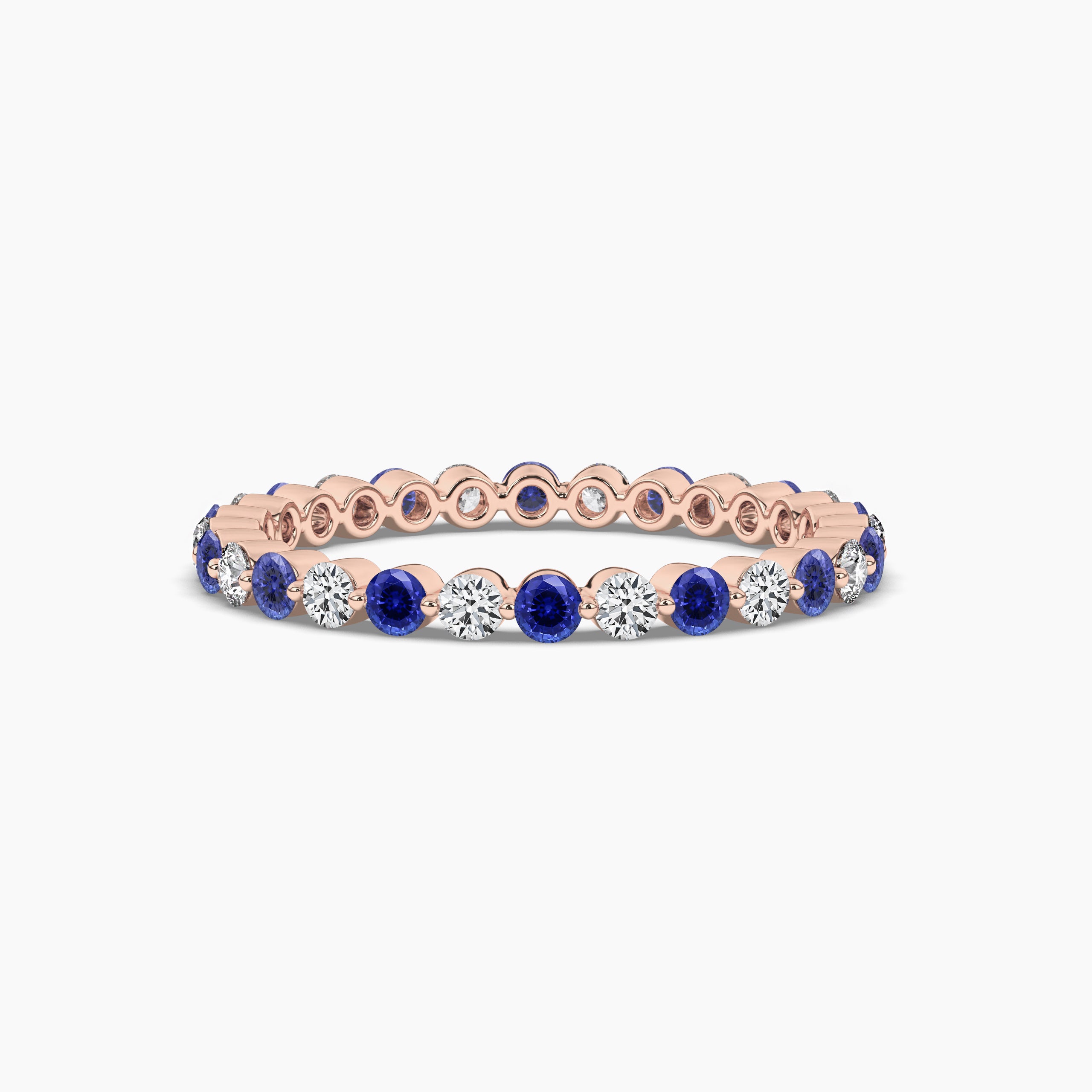 rose gold full wedding band with blue sapphire and white diamond