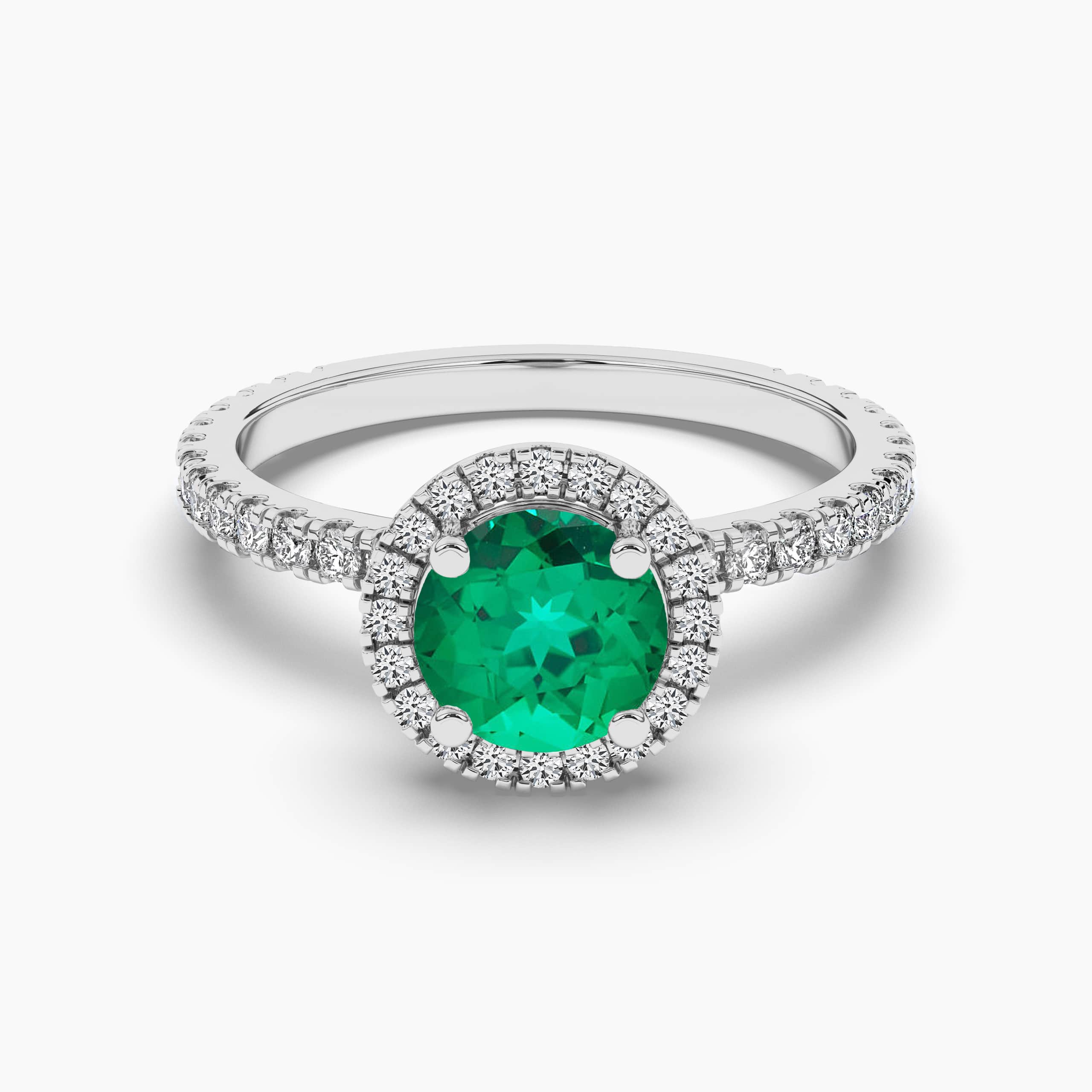 Round Cut Emerald Halo Ring, White Gold