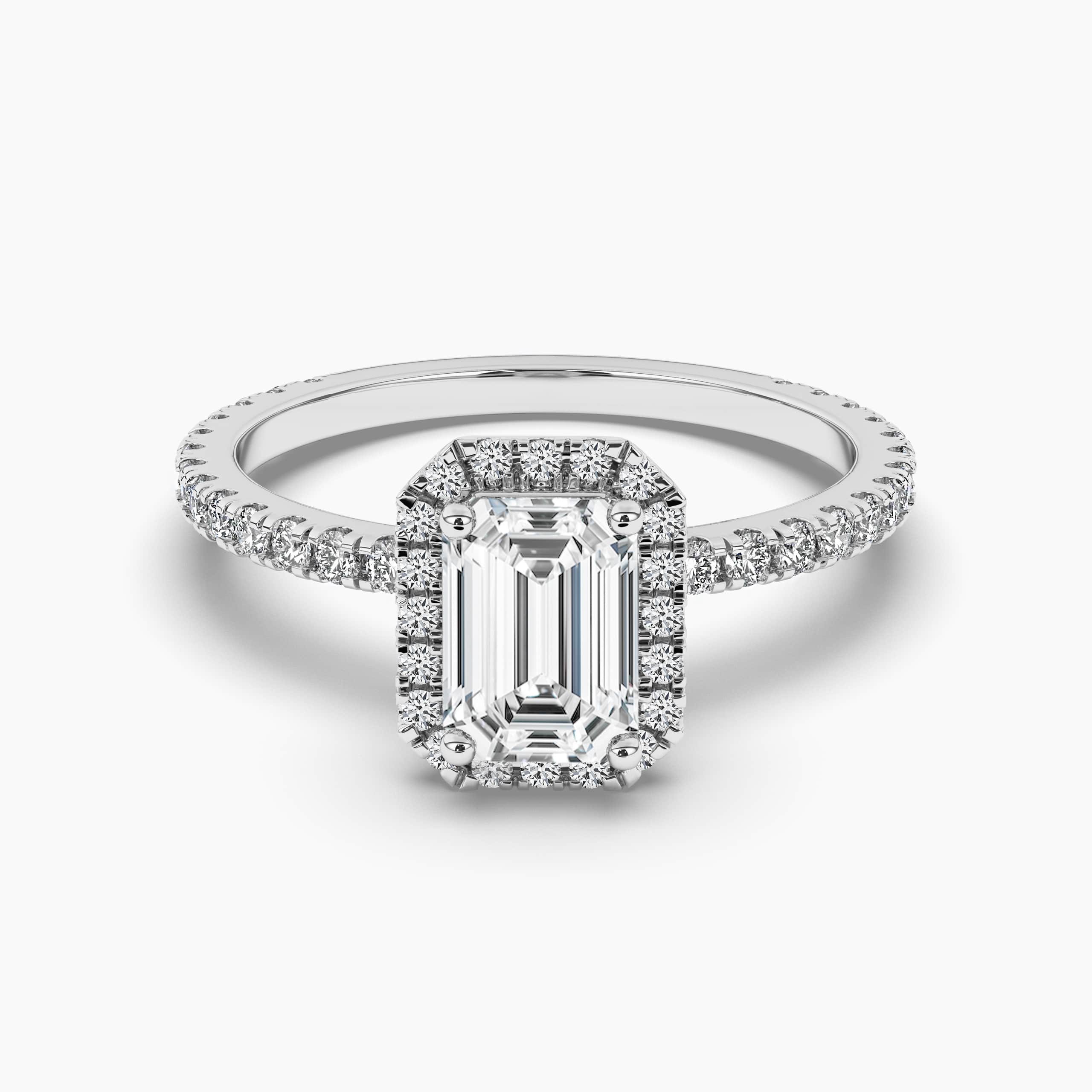 Emerald Forever One Moissanite Halo with Side Accents Engagement Ring in White Gold