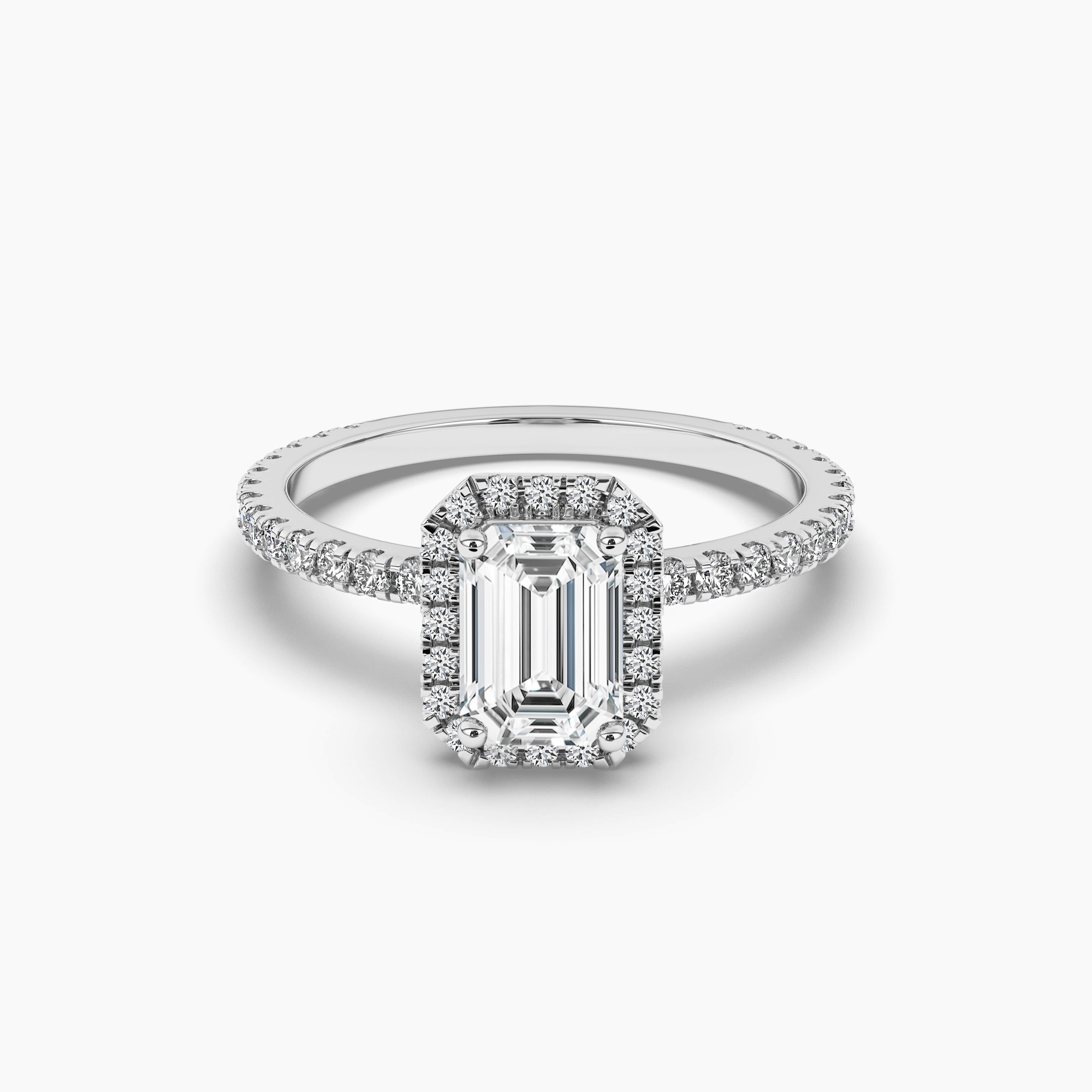 Emerald Halo with Side Accents Engagement Ring in White Gold