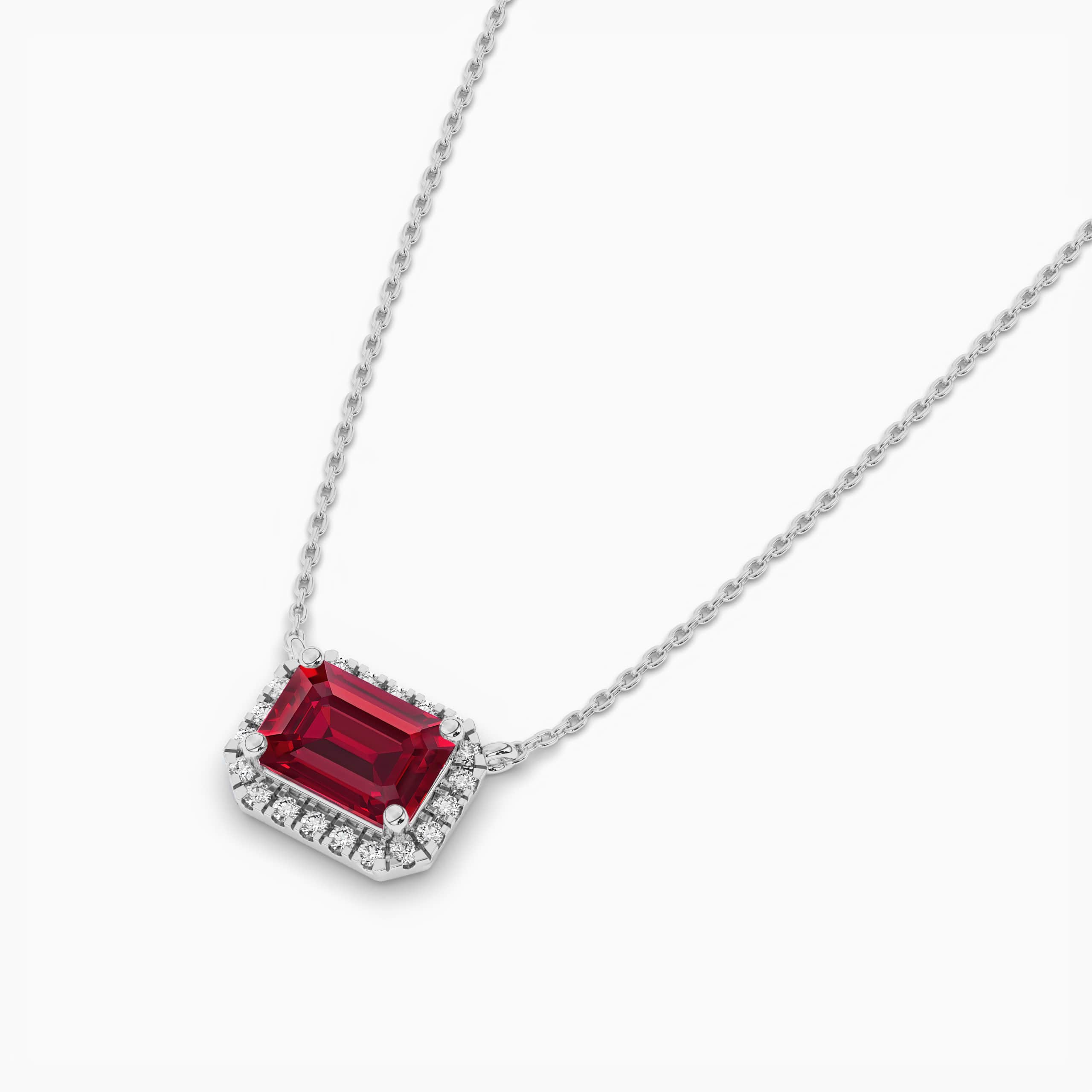 White Gold Emerald Cut Ruby  Diamond Halo Pendant Necklace