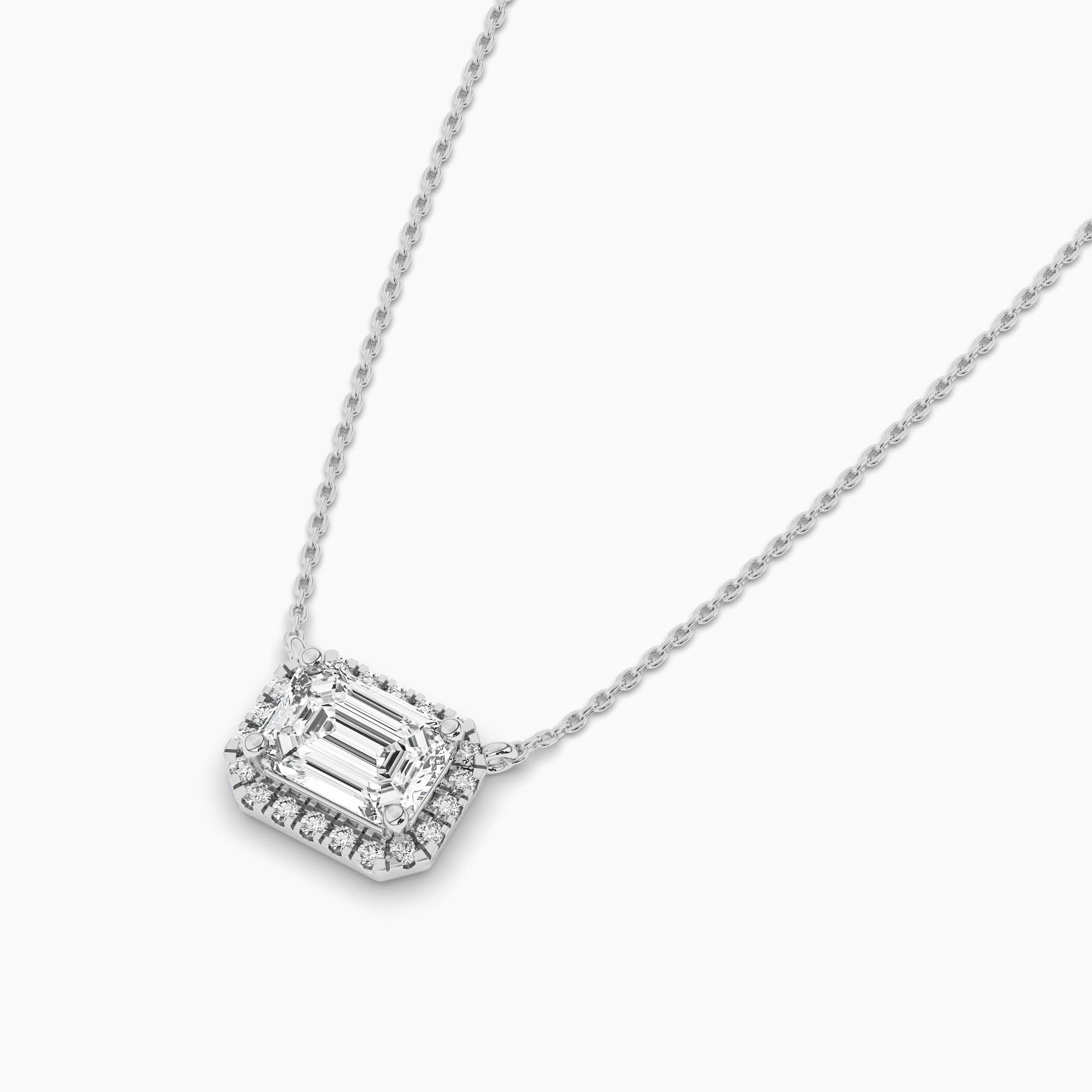White Gold Emerald Cut Pink Amethyst  Diamond Halo Pendant Necklace