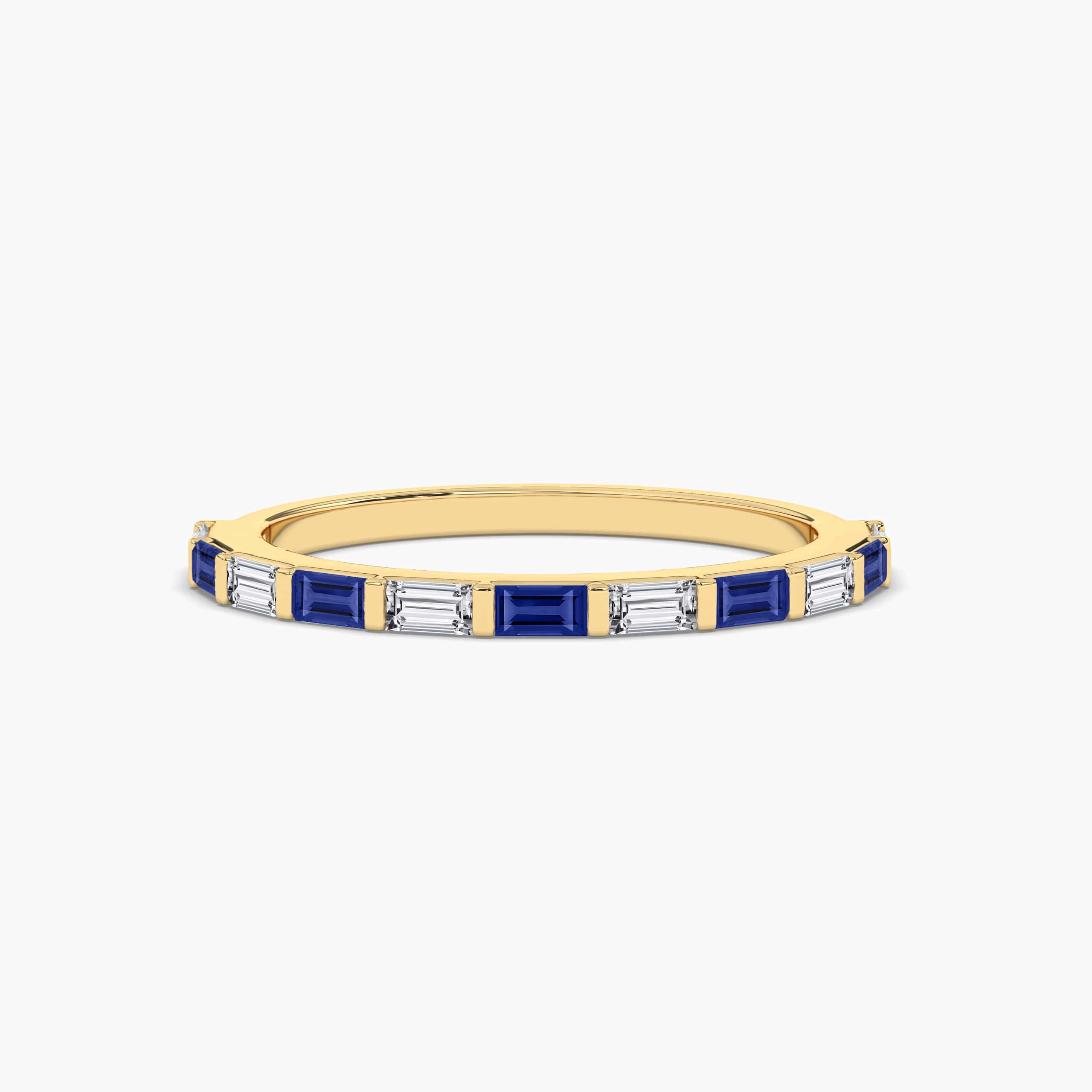 Blue Sapphire & White Baguette Ring In yellow Gold