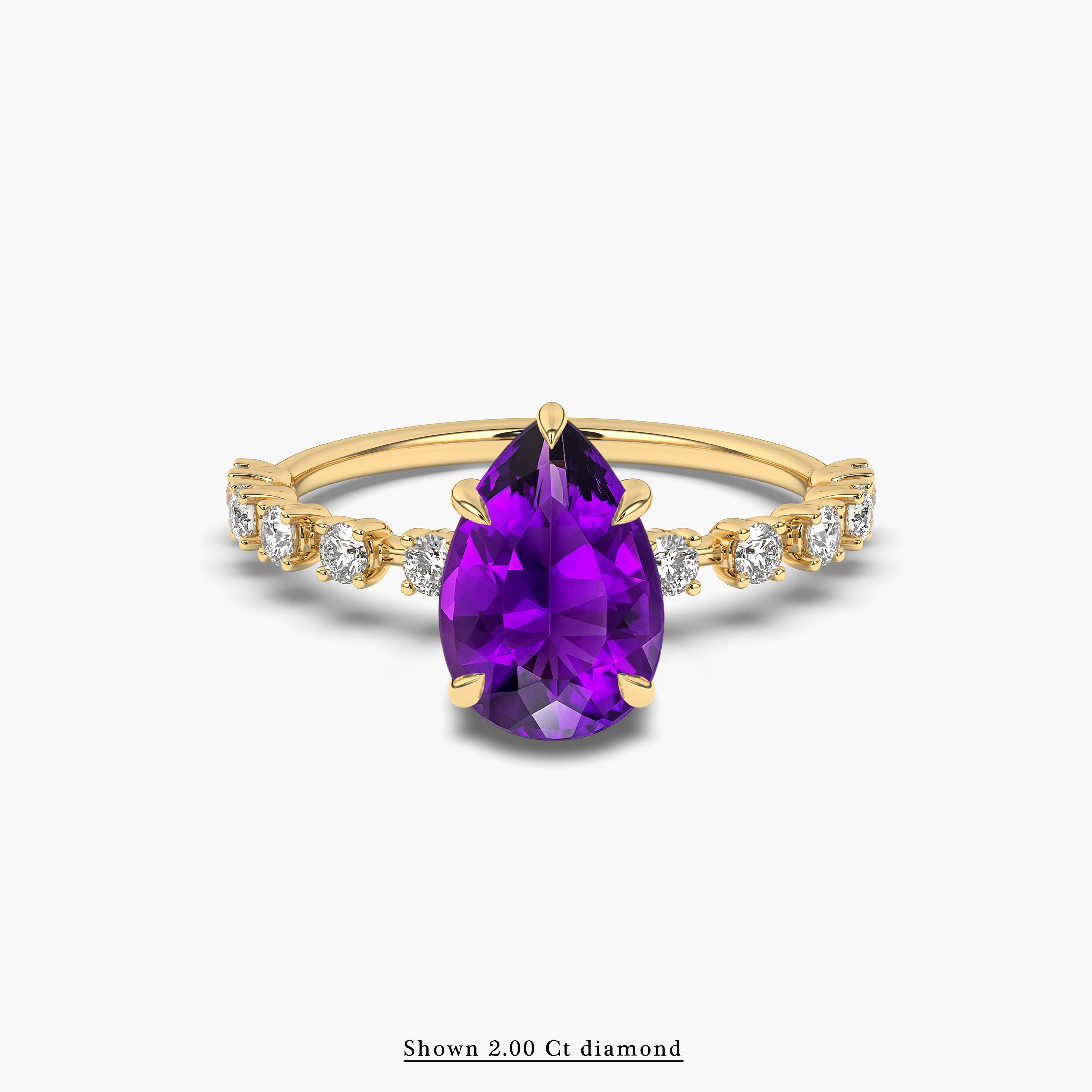Pear Shaped Amethyst Solitaire Ring In Yellow Gold
