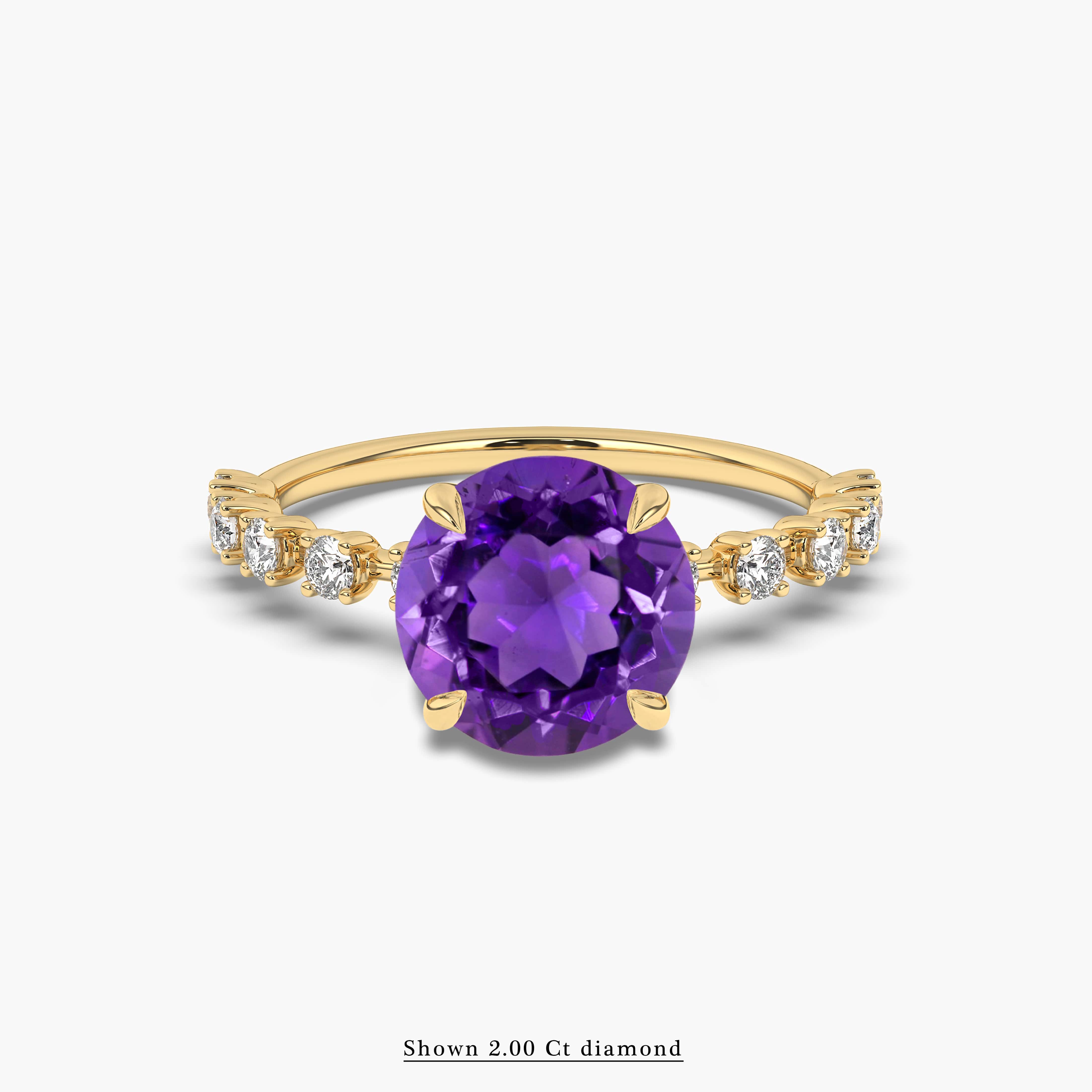 amethyst round diamond side accent ring in yellow gold