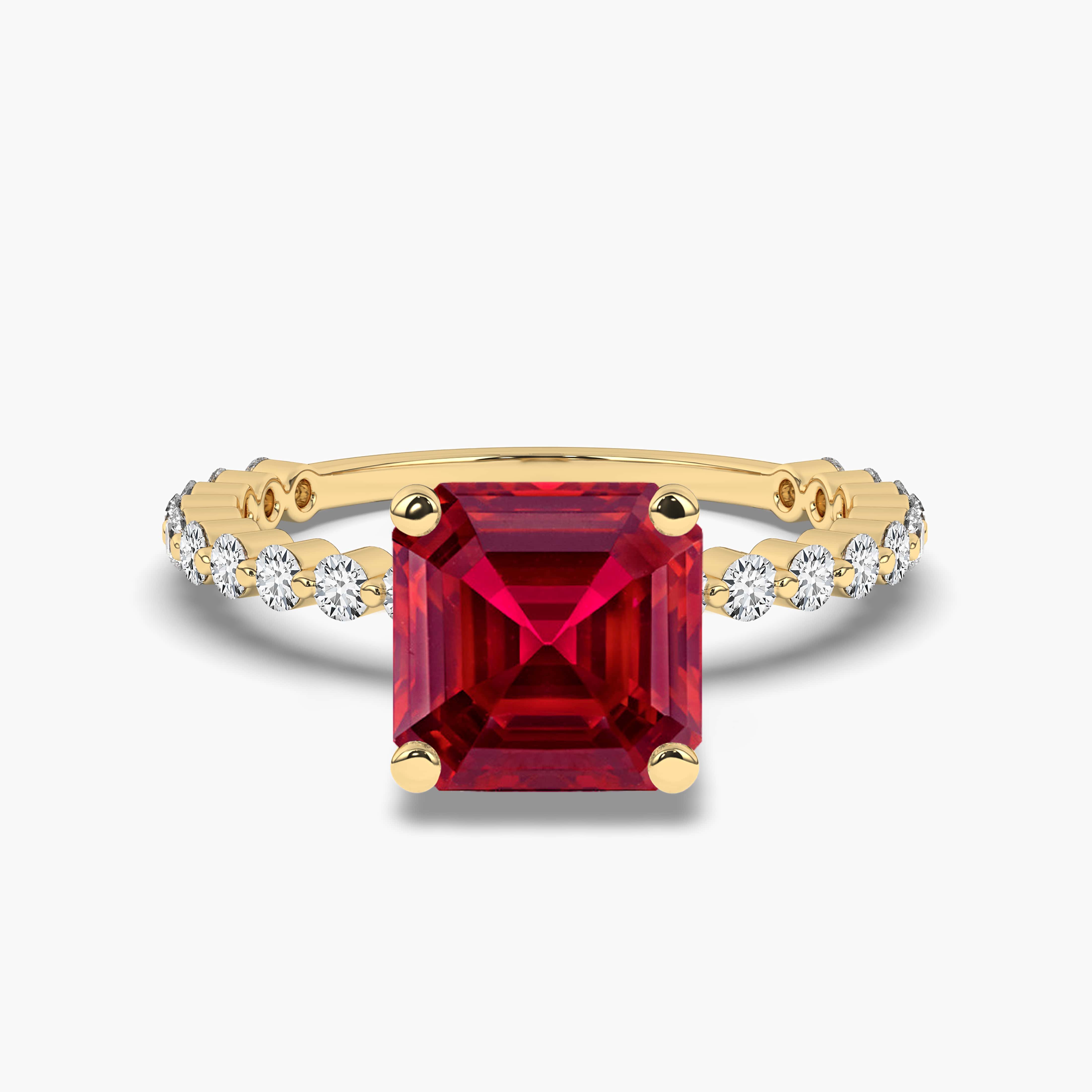 Asscher Cut diamond Engagement Rings with Red Ruby in Yellow Gold