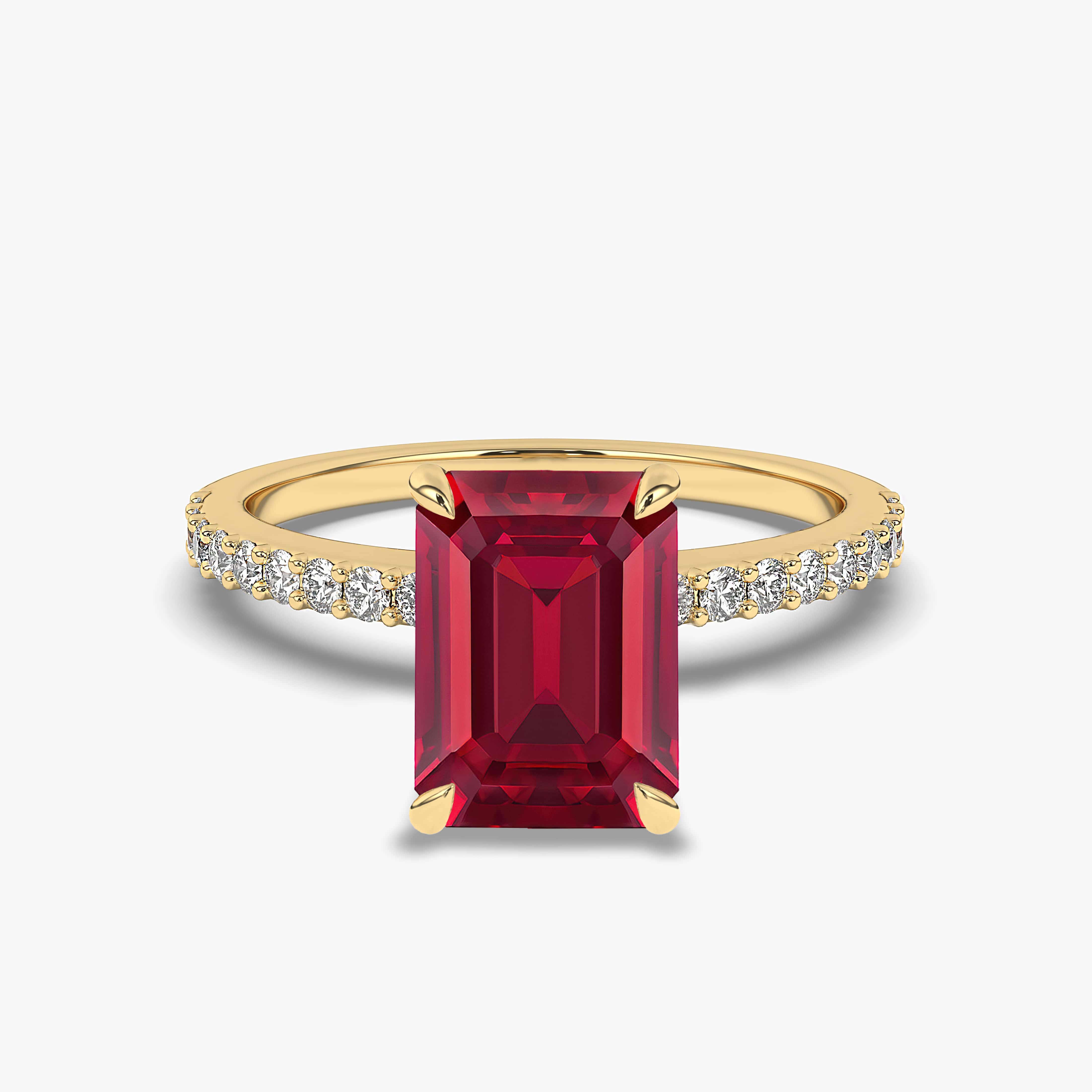 EMERALD CUT RUBY RING SIDE STONE DESIGN WITH DIAMONDS