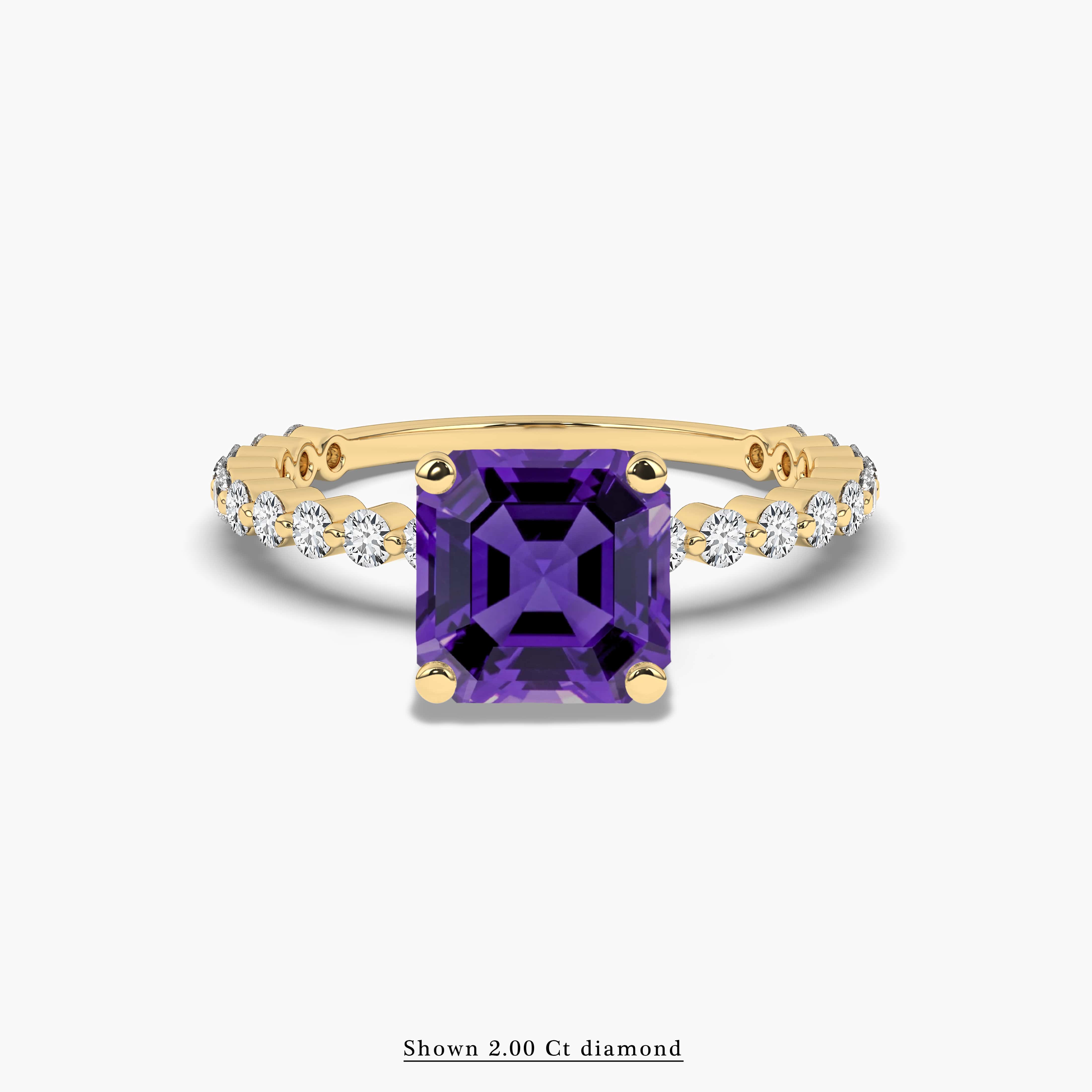 Asscher Cut Amethyst and Round Diamond Engagement Ring In Yellow Gold