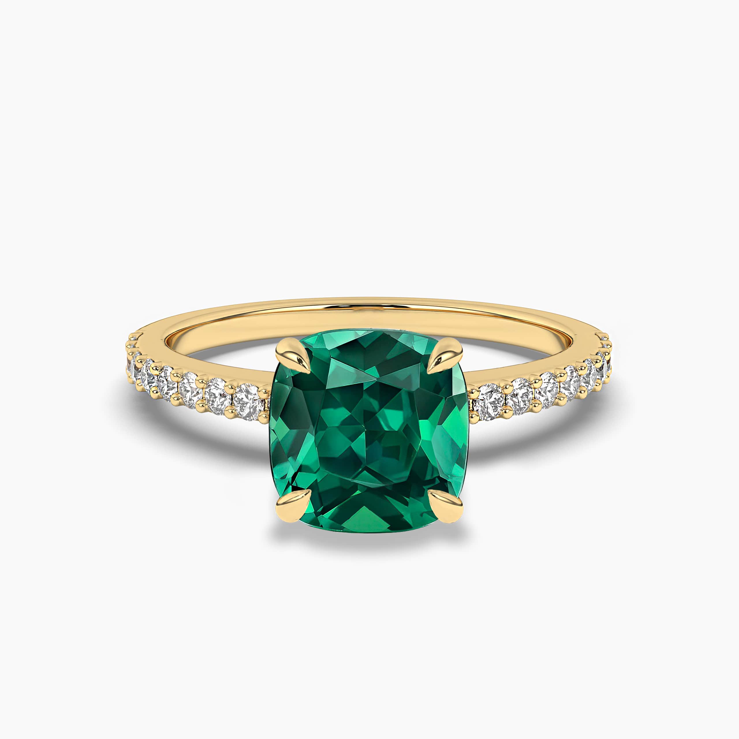 CUSHION CUT EMERALD & DIAMOND ENGAGEMENT RING YELLOW GOLD