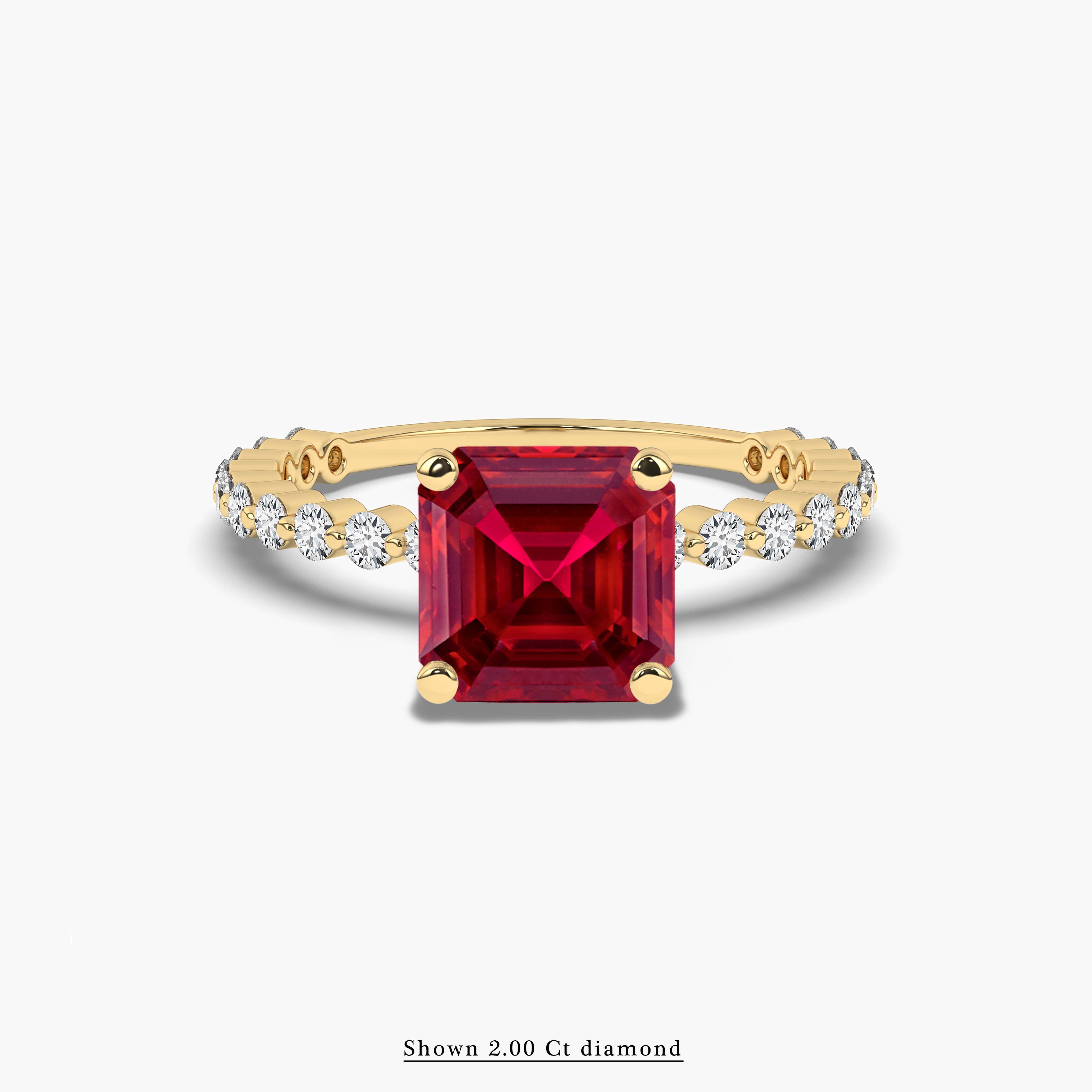 Ruby Asscher Cut Yellow Gold Side Stone Engagement Ring