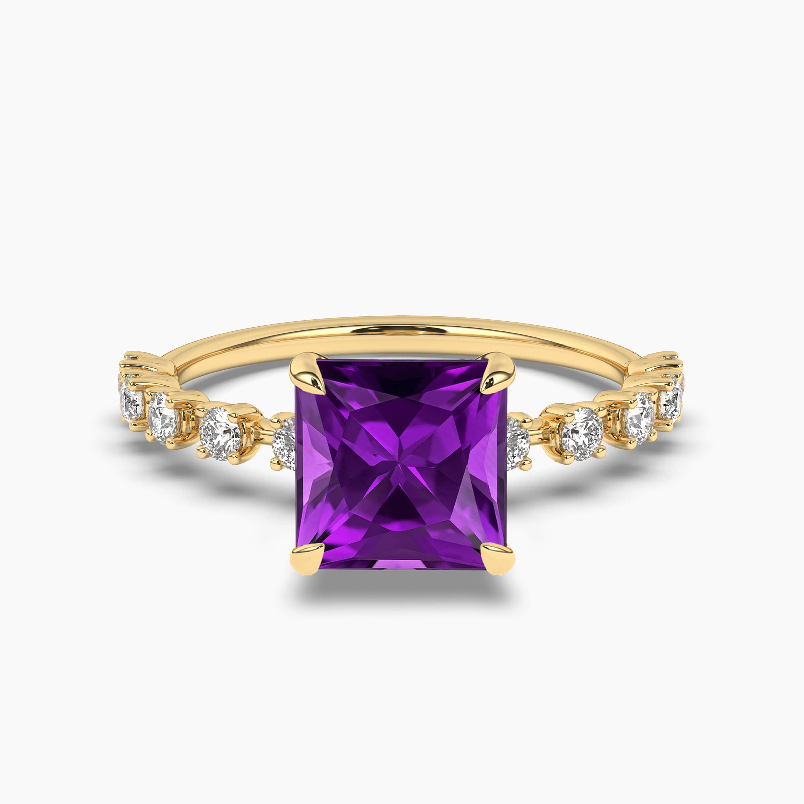 Yellow Gold  Princess Amethyst Diamond Engraved Engagement Ring