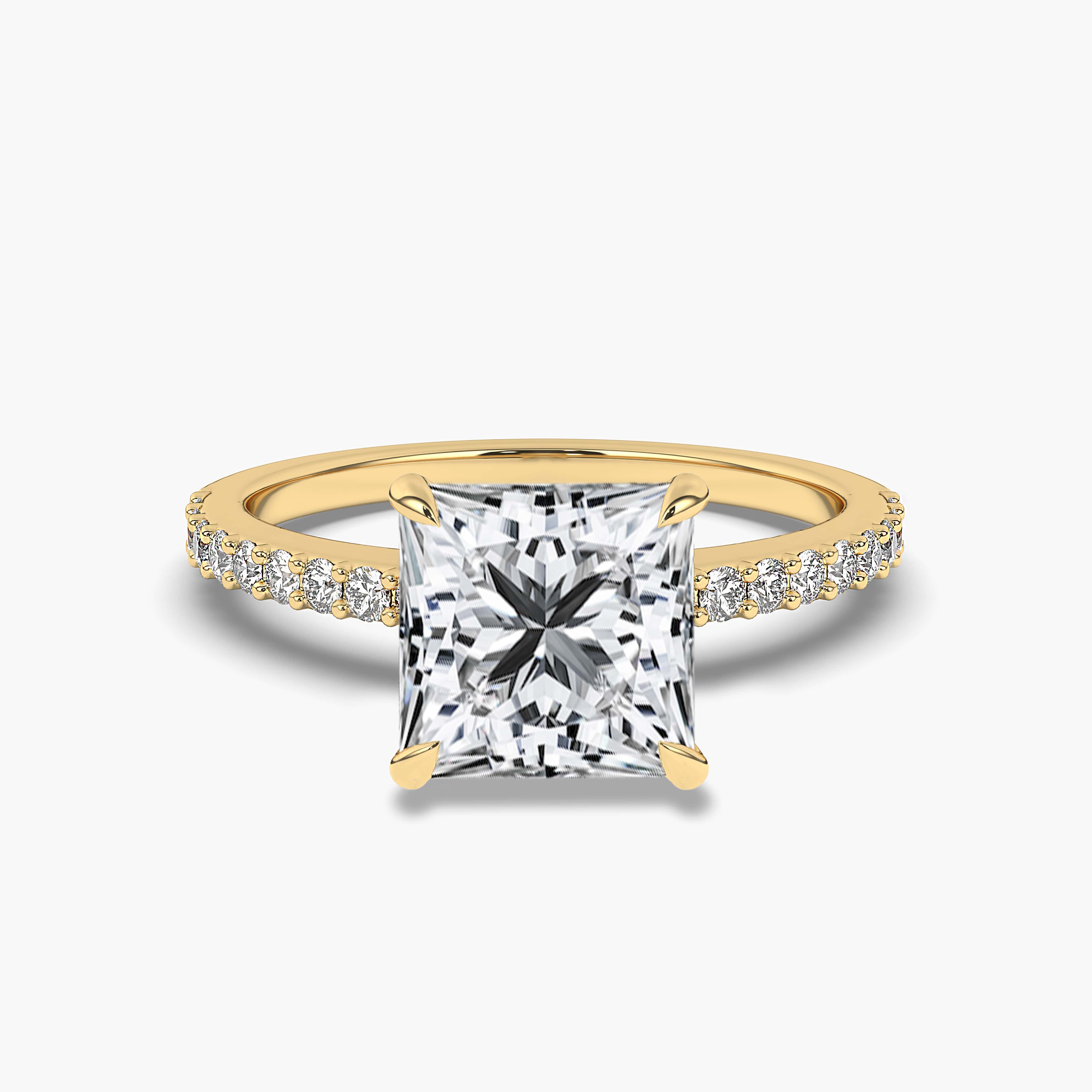 Yellow Gold Princess Cut Solitaire Engagement Ring with Pave Diamonds