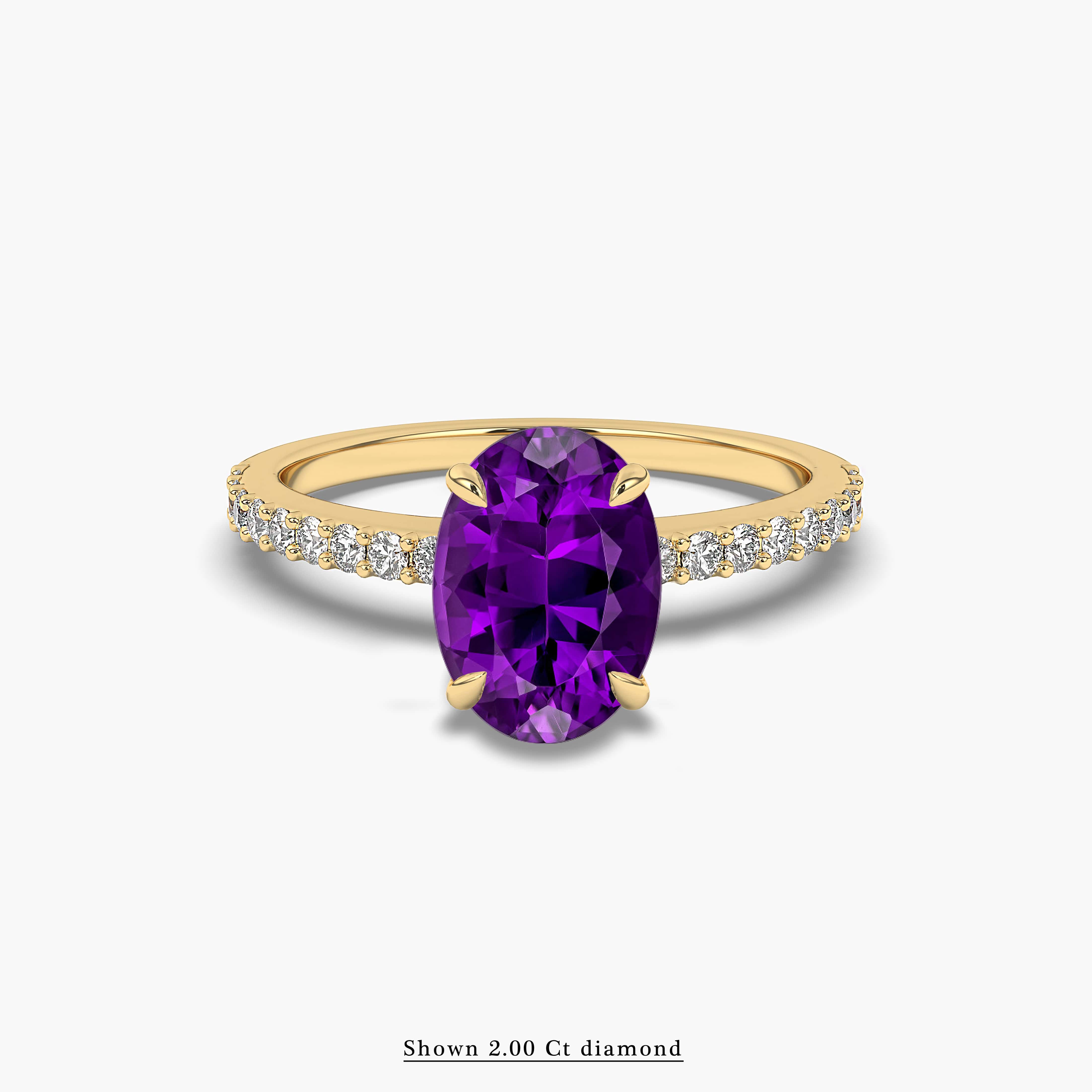 OVAL AMETHYST & DIAMOND SIDE STONE ENGAGEMENT RING YELLOW GOLD