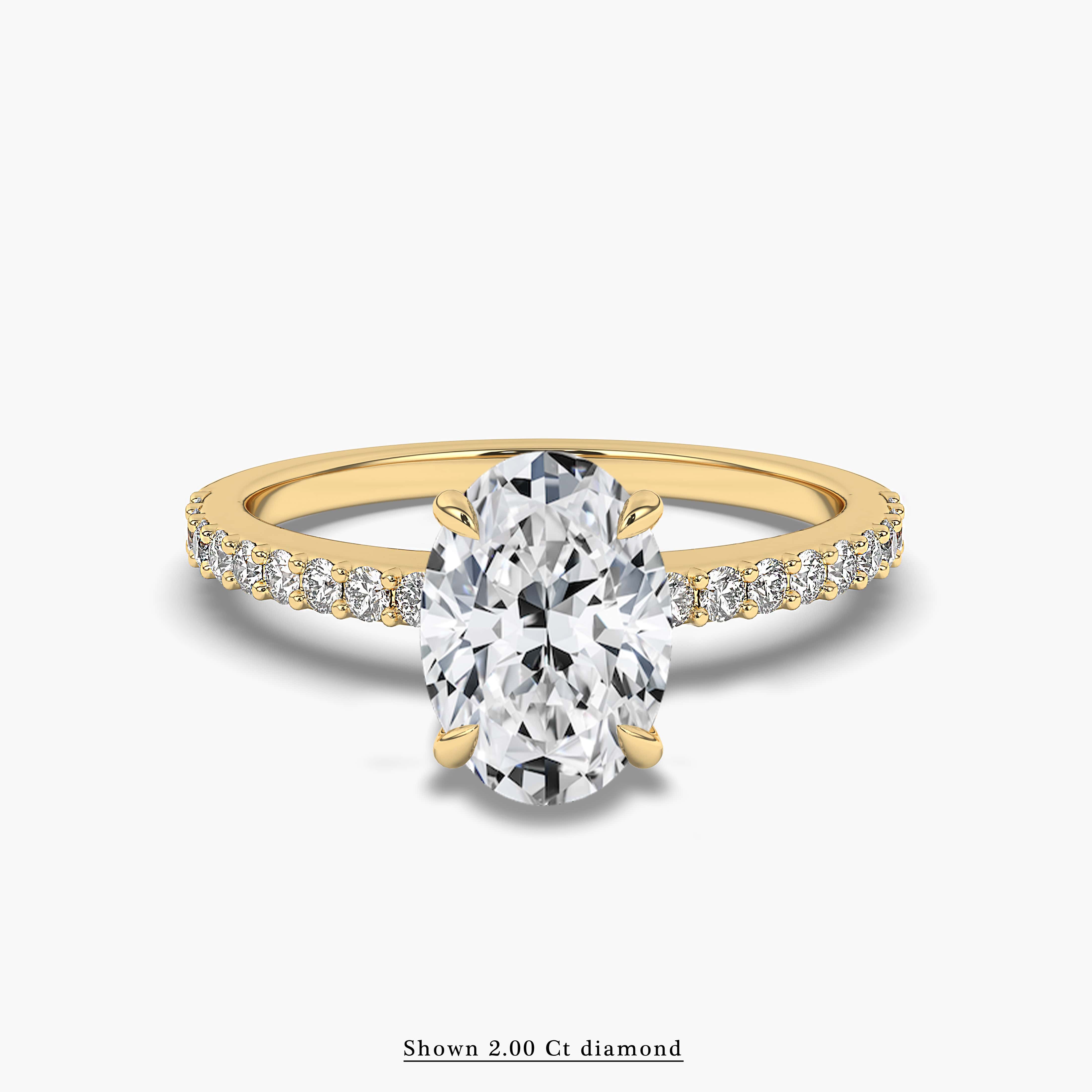 yellow gold oval shape pave band solitaire ring