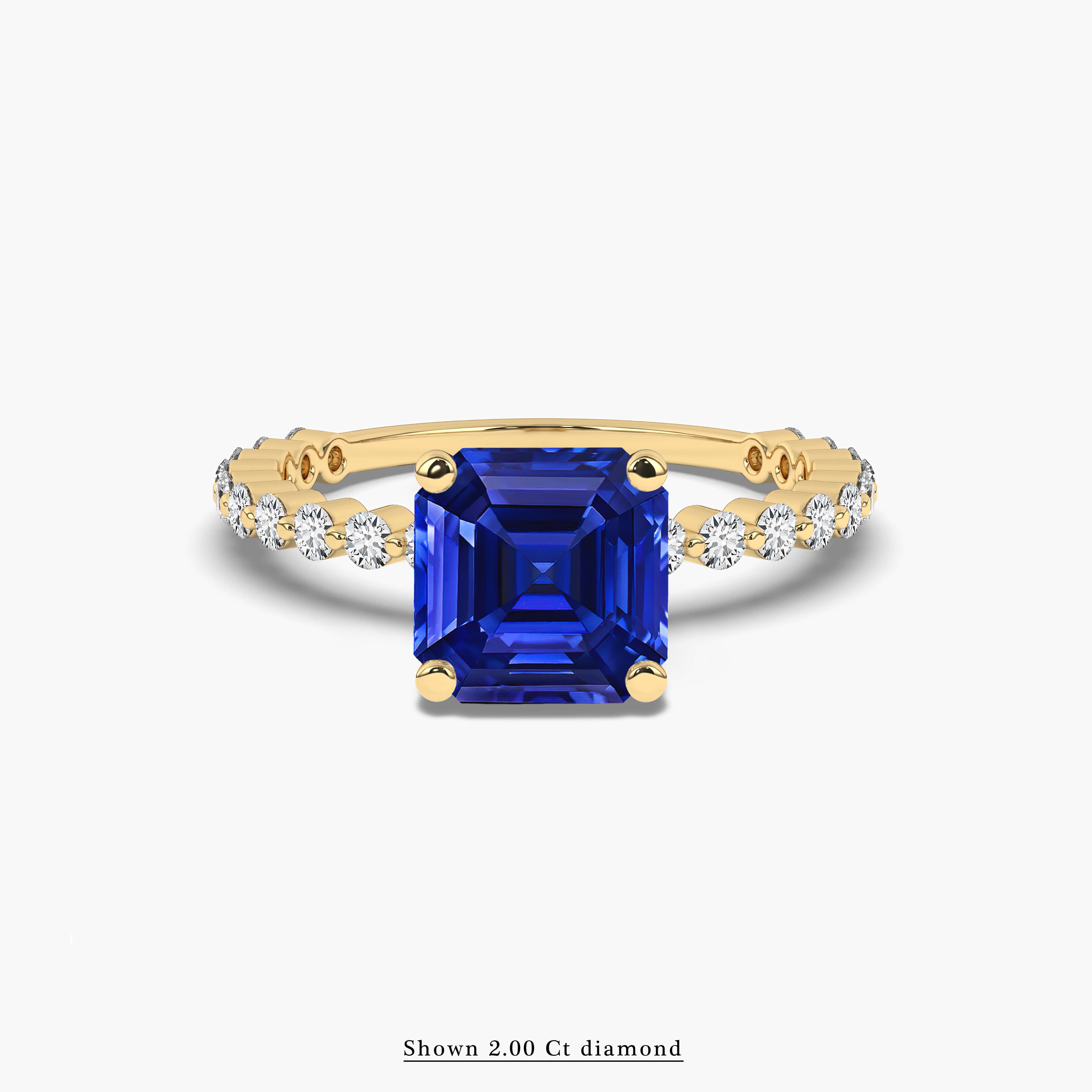 Yellow Gold Asscher Blue Sapphire Side Stone with Diamond