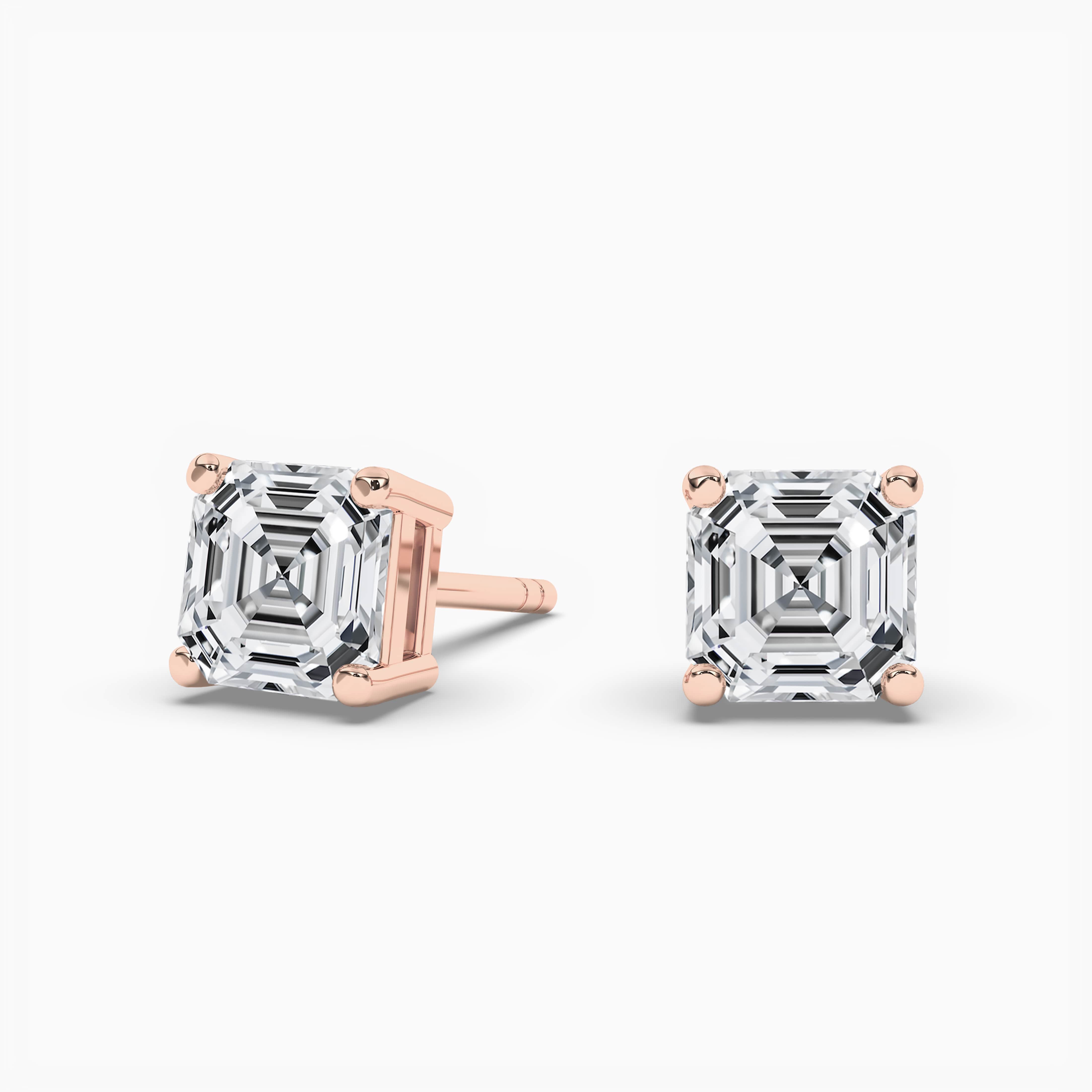 14k rose gold Asscher cut solitaire diamond stud earrings