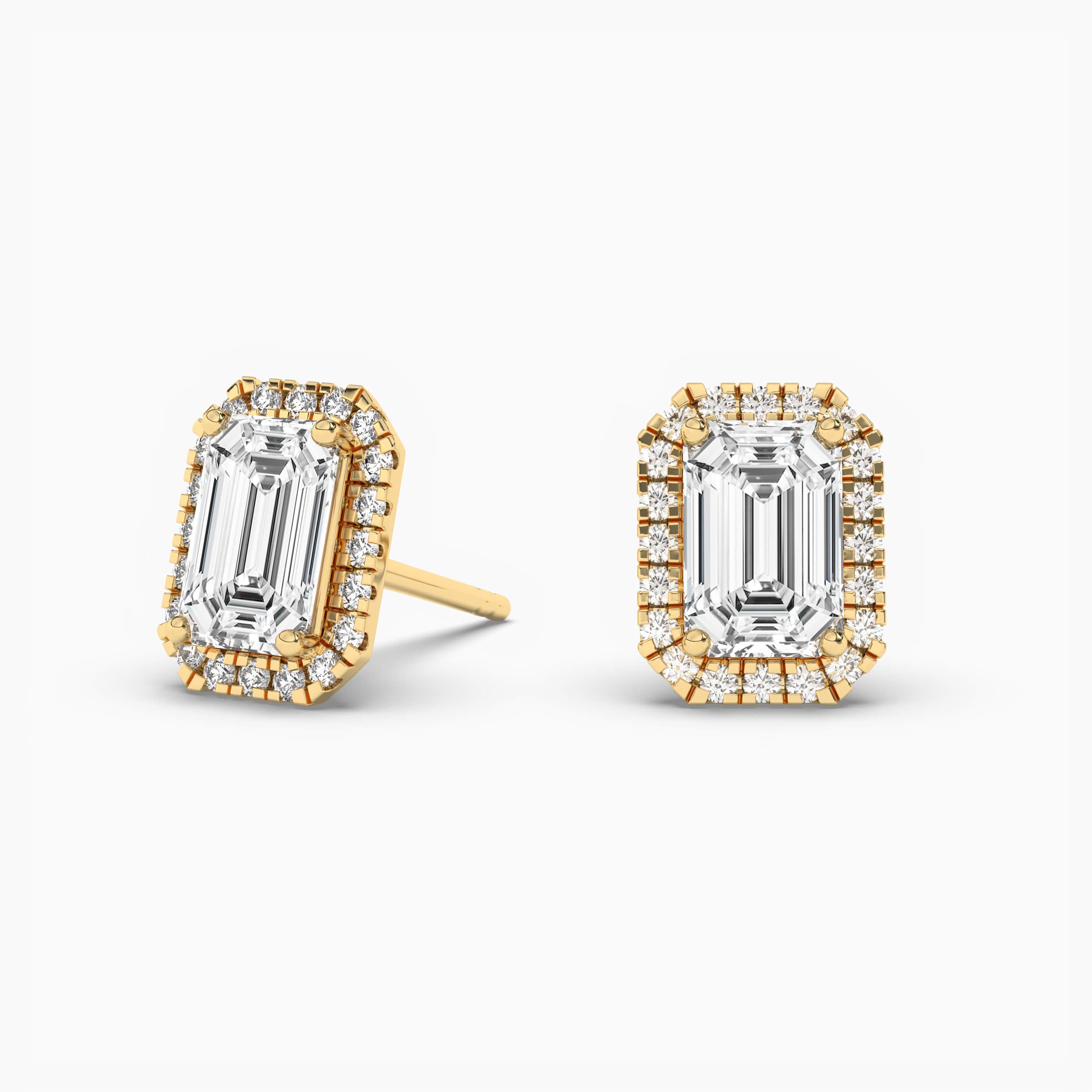 Yellow Gold Diamond Emerald Cut Halo Stud Earrings