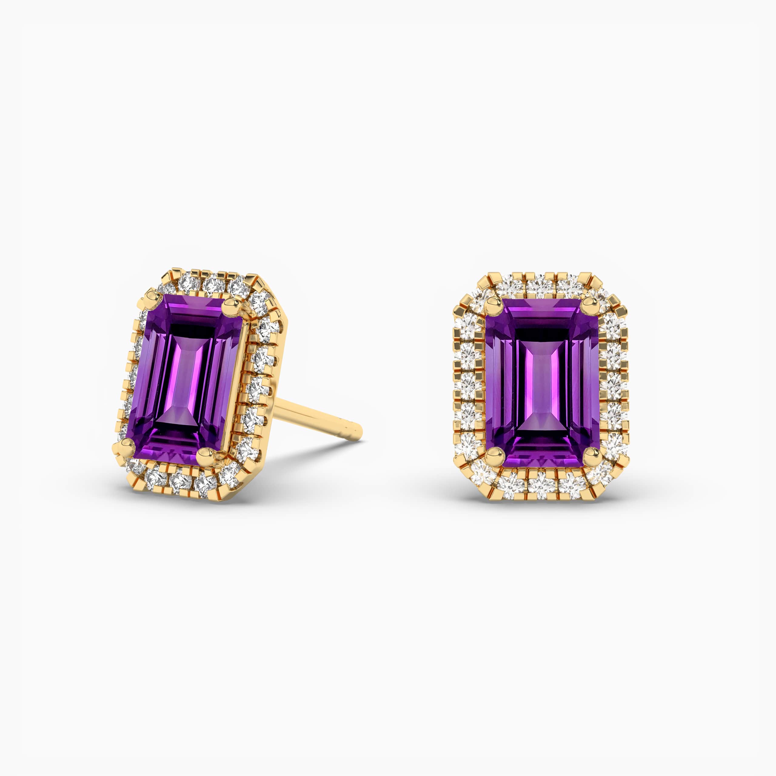 Emerald Cut Amethyst & Diamond Halo Stud Earrings Yellow Gold