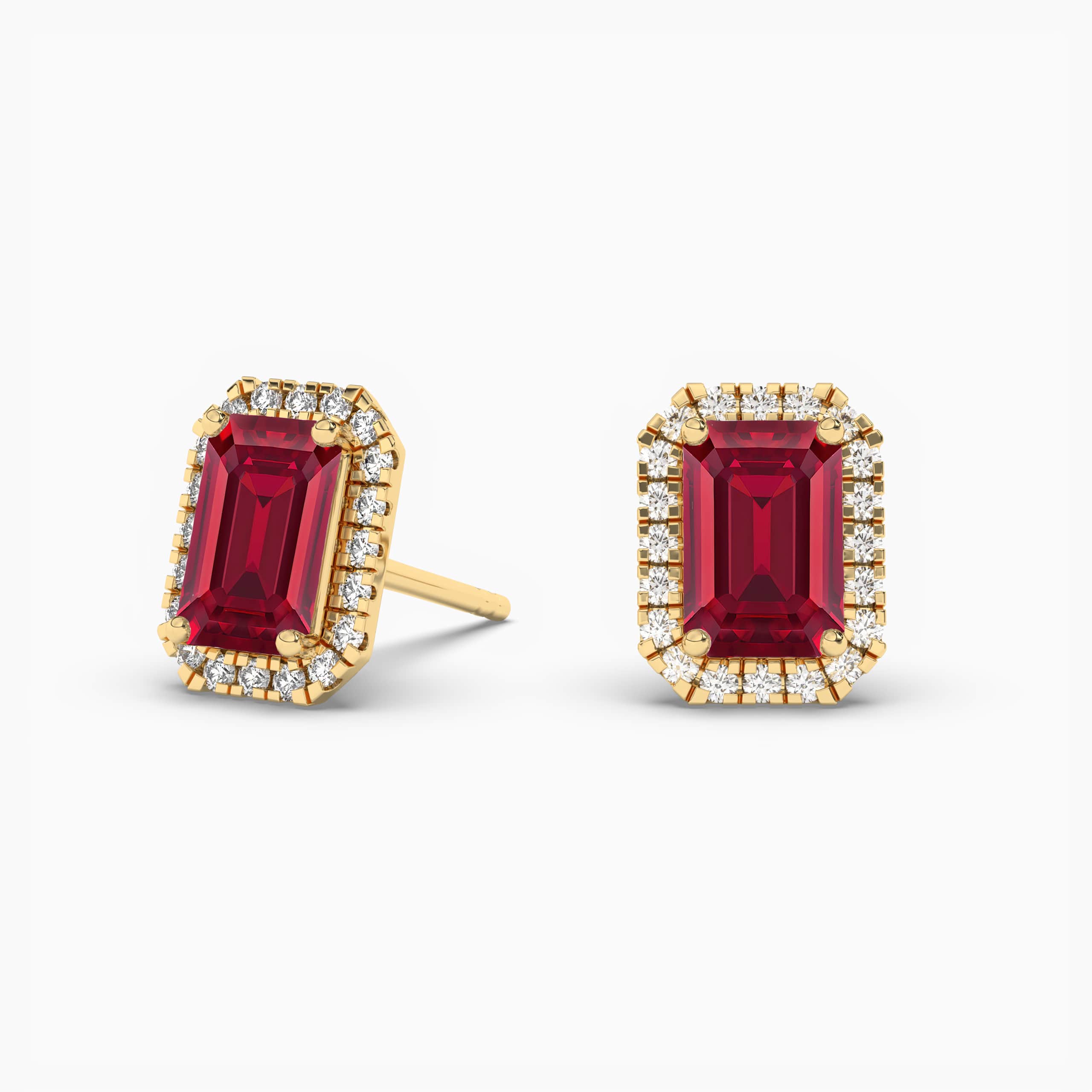 Emerald Cut Ruby and Diamond Halo Earrings Yellow Gold