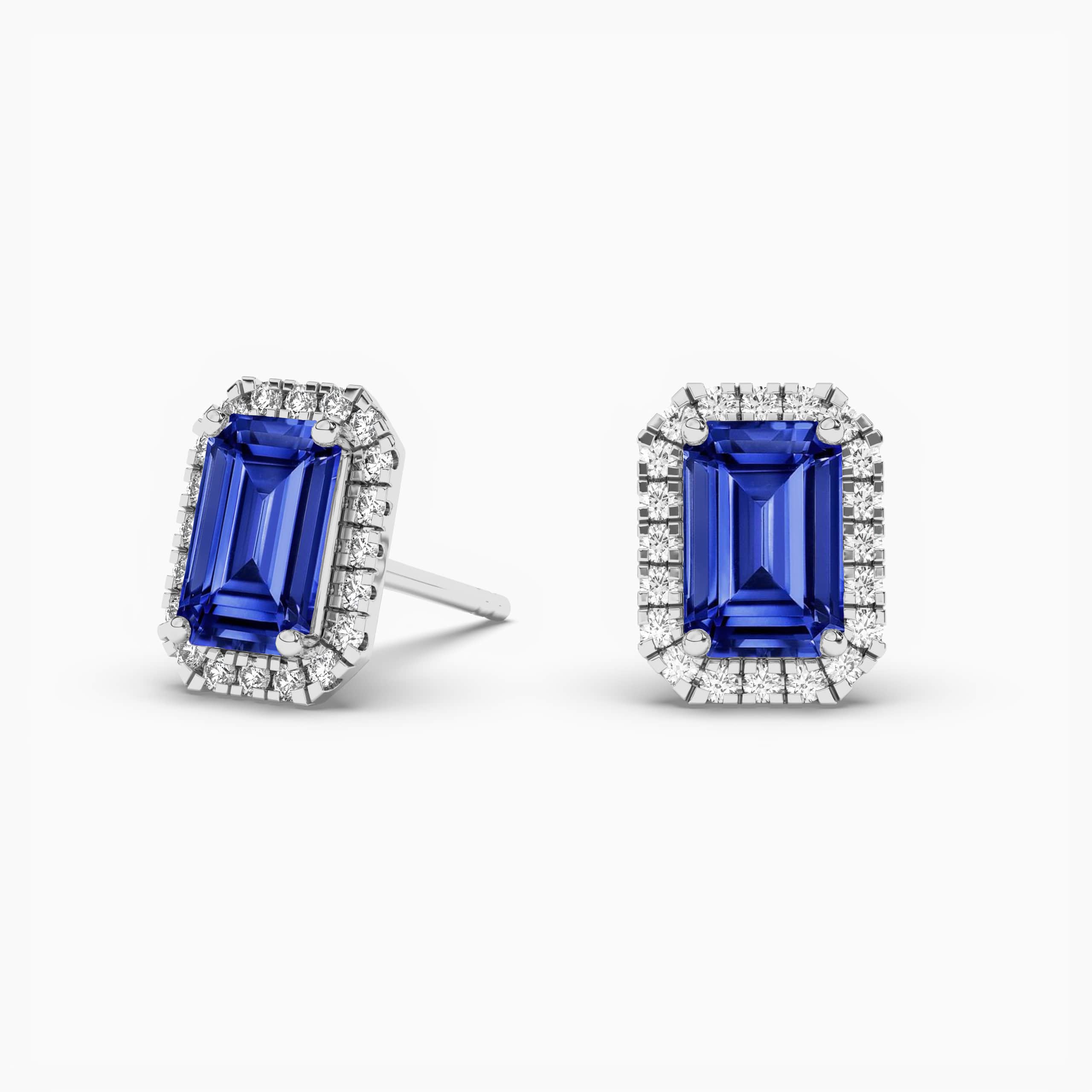 Sapphire Emerald Cut Halo White Gold  Earrings
