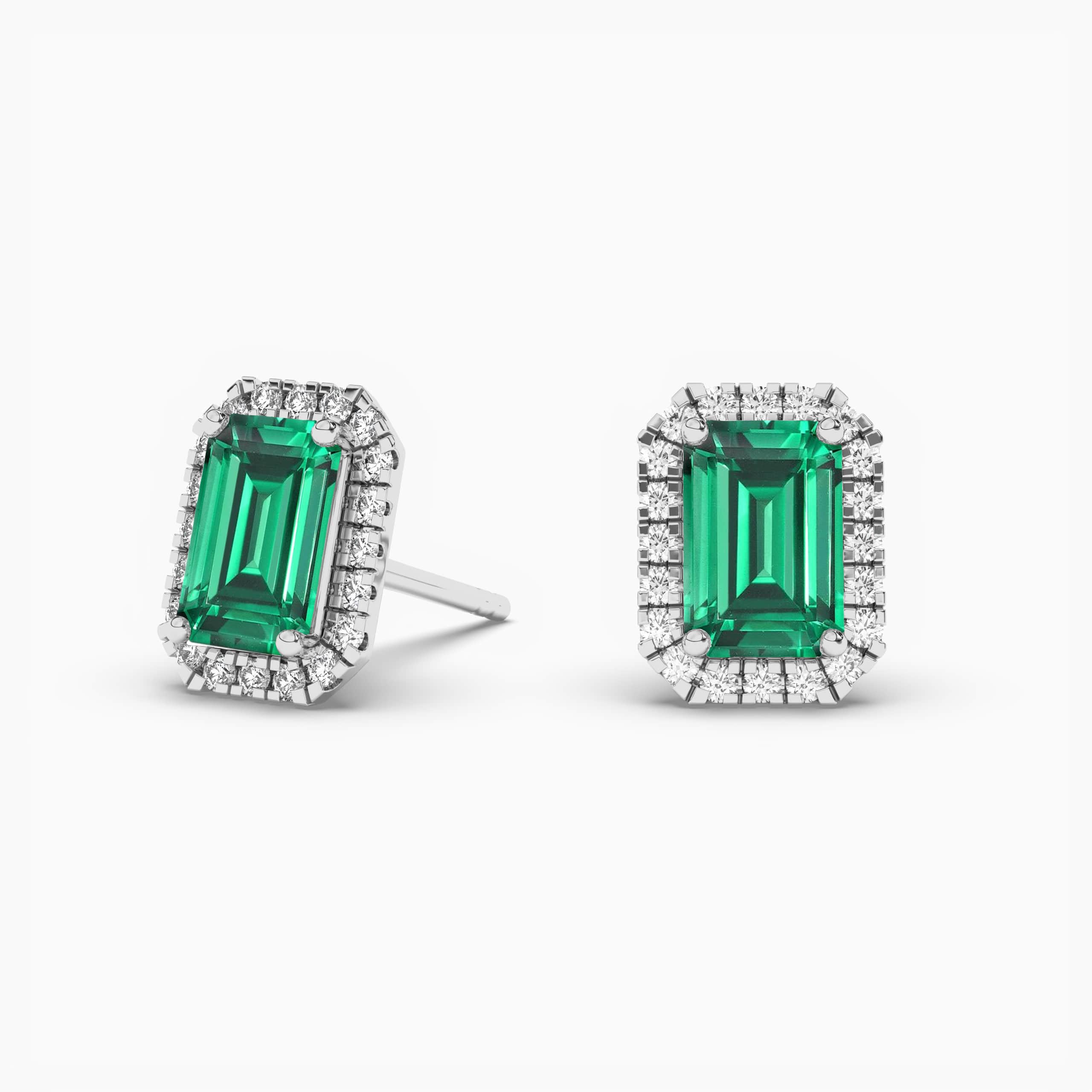 Emerald Cut Green Emerald Diamond Halo Earrings White Gold