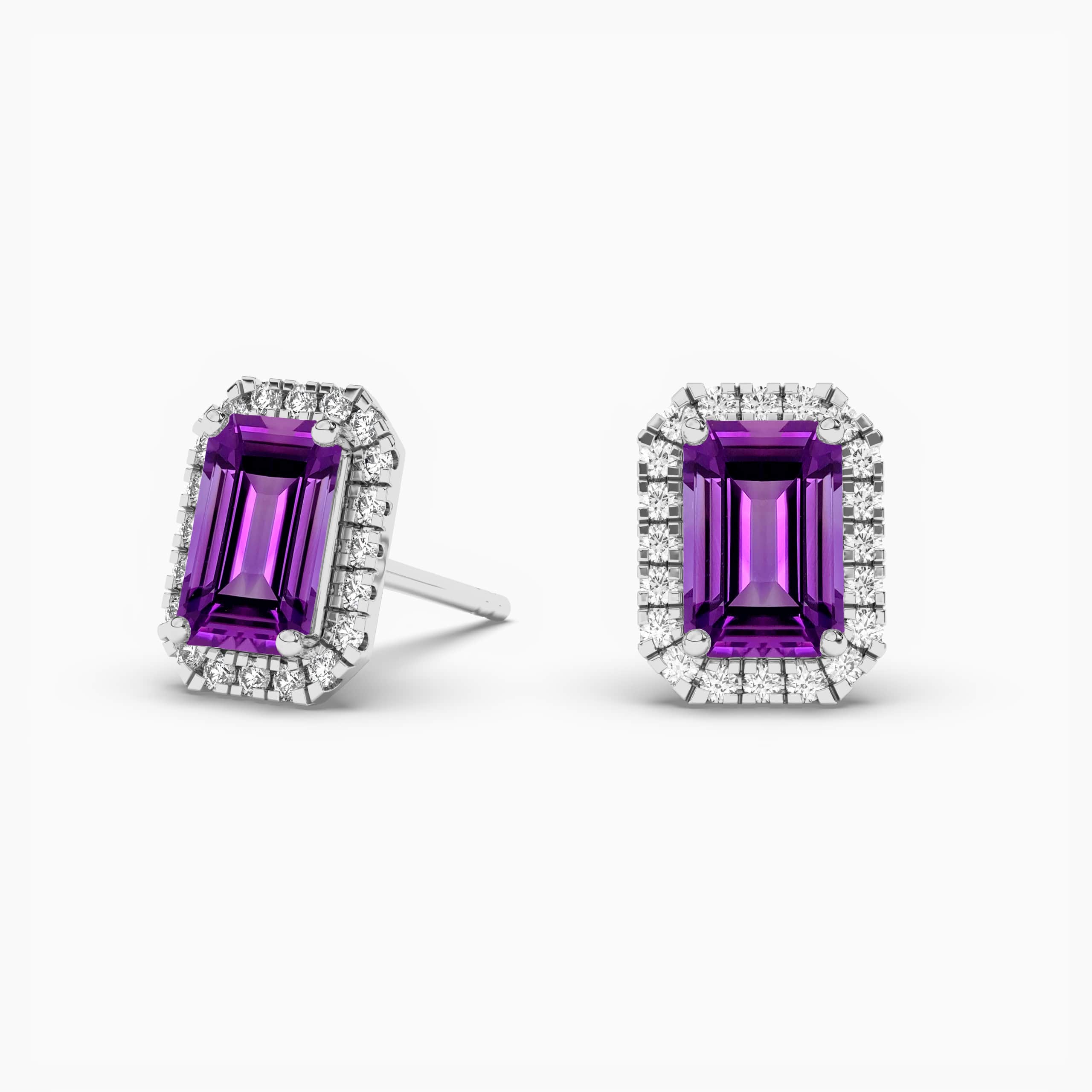 Emerald Cut Amethyst And Diamond Halo Earrings In White Gold