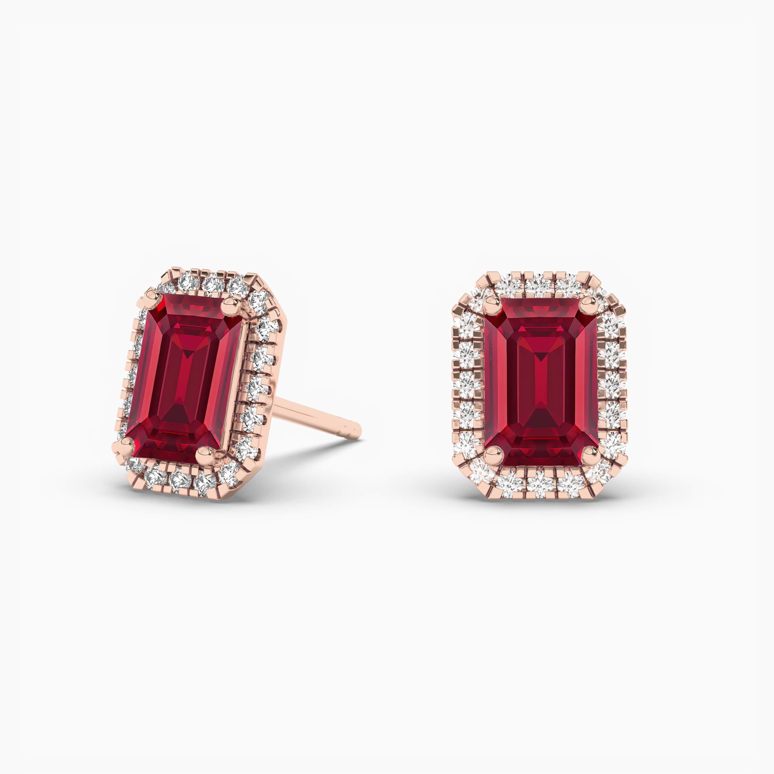 EMERALD CUT RUBY & DIAMOND HALO EARRINGS ROSE GOLD