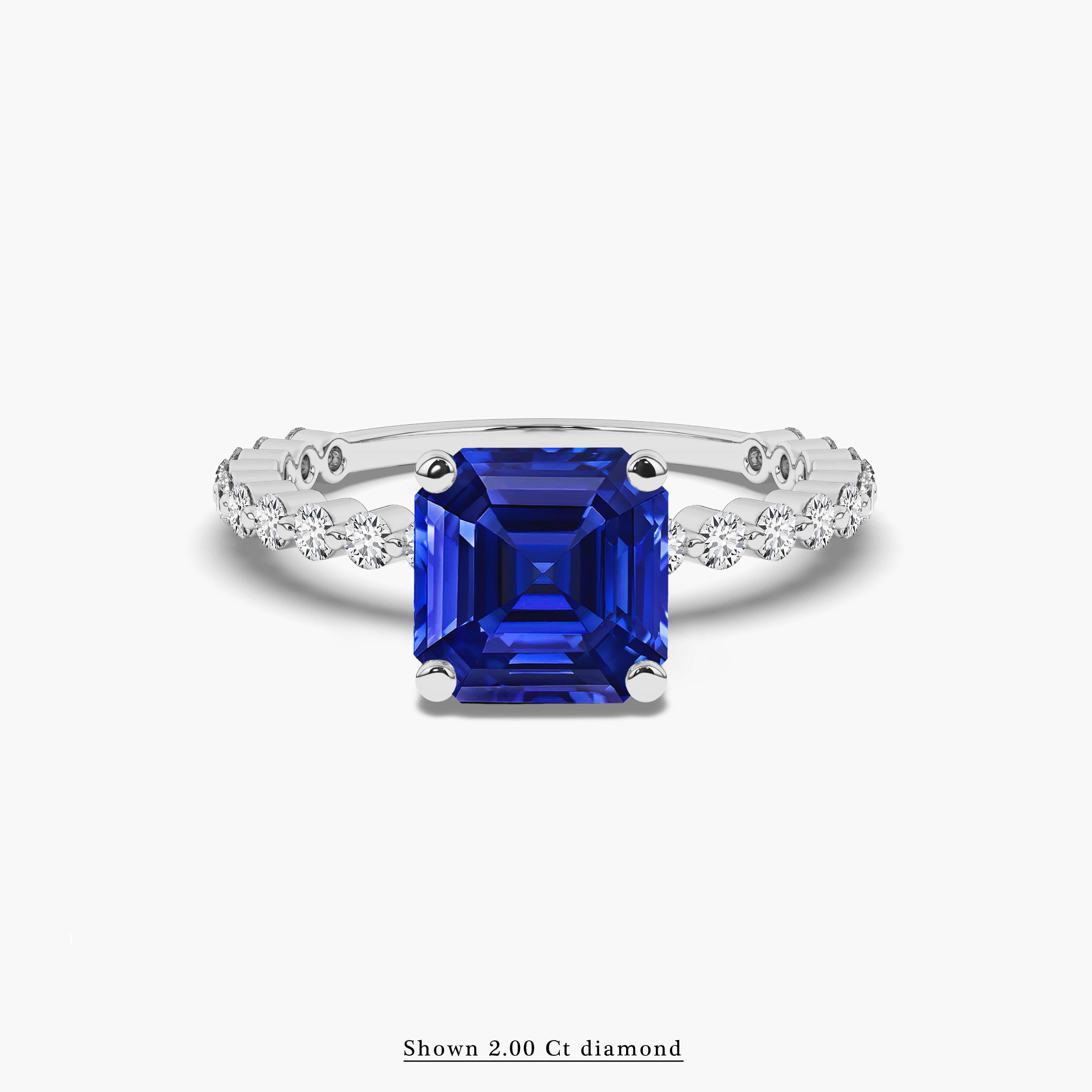 Blue Sapphire Asscher Cut White Gold Side Stone Engagement Ring