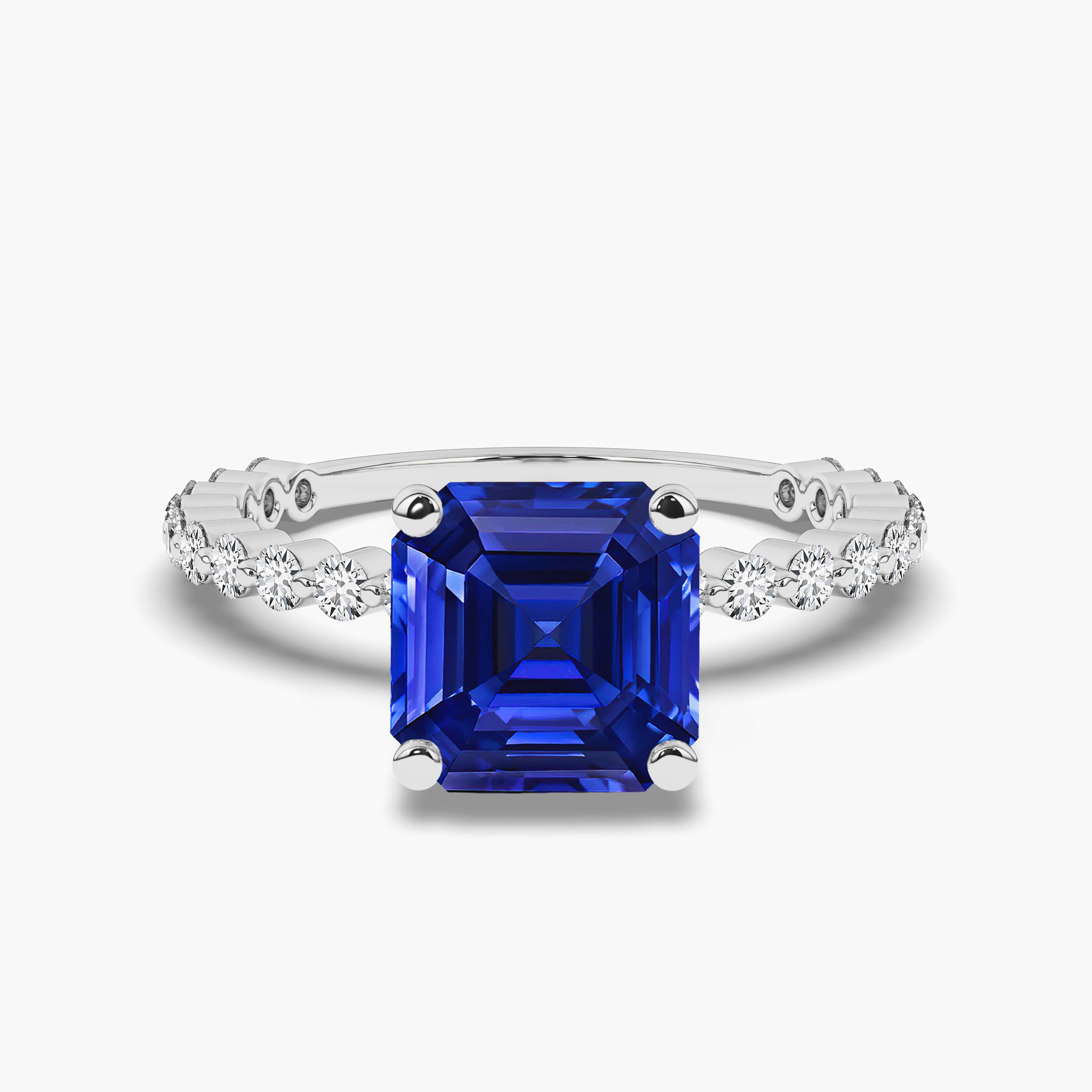  Blue Sapphire Engagement Ring Diamonds White Gold Asscher 
