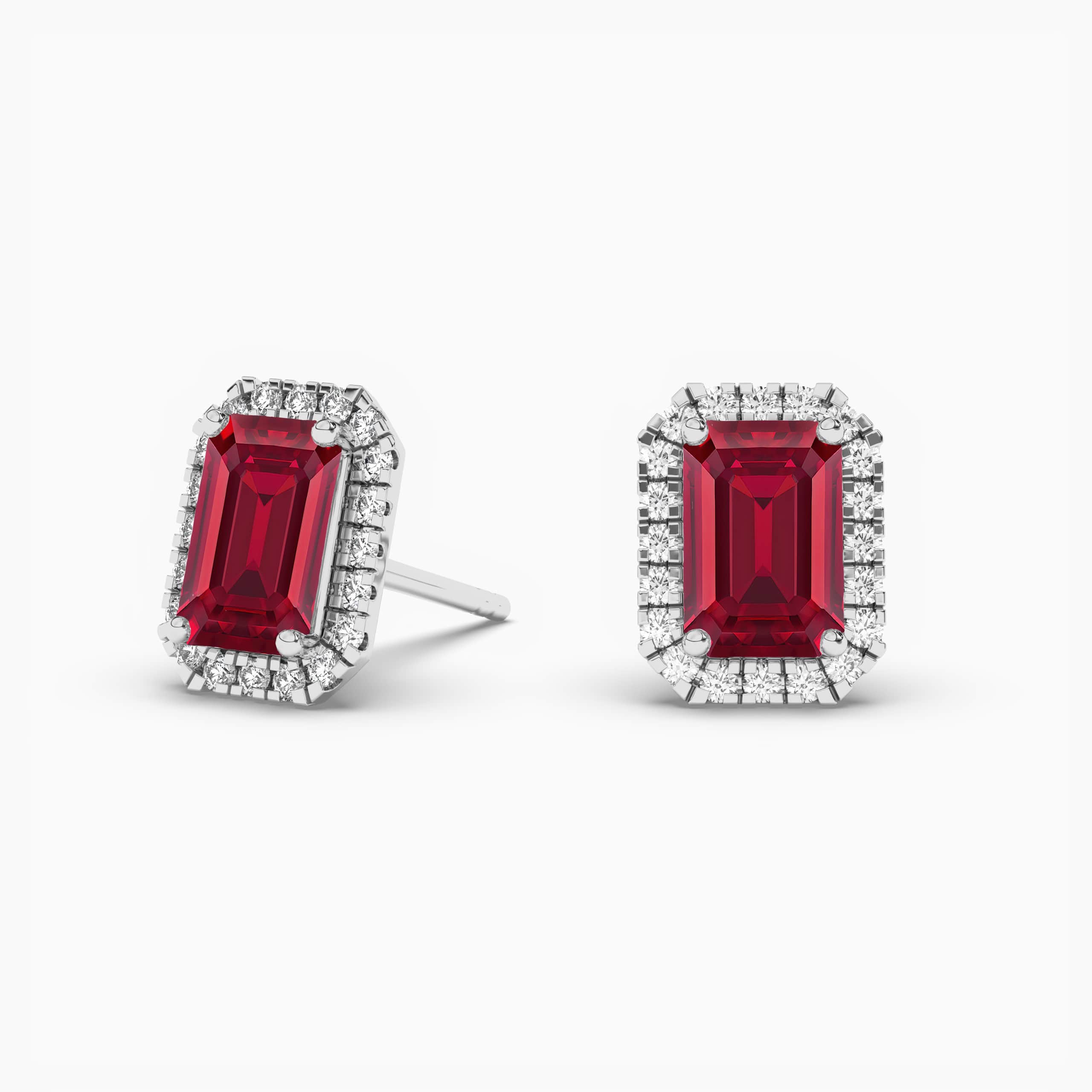 EMERALD CUT RUBY & DIAMOND HALO EARRINGS WHITE GOLD