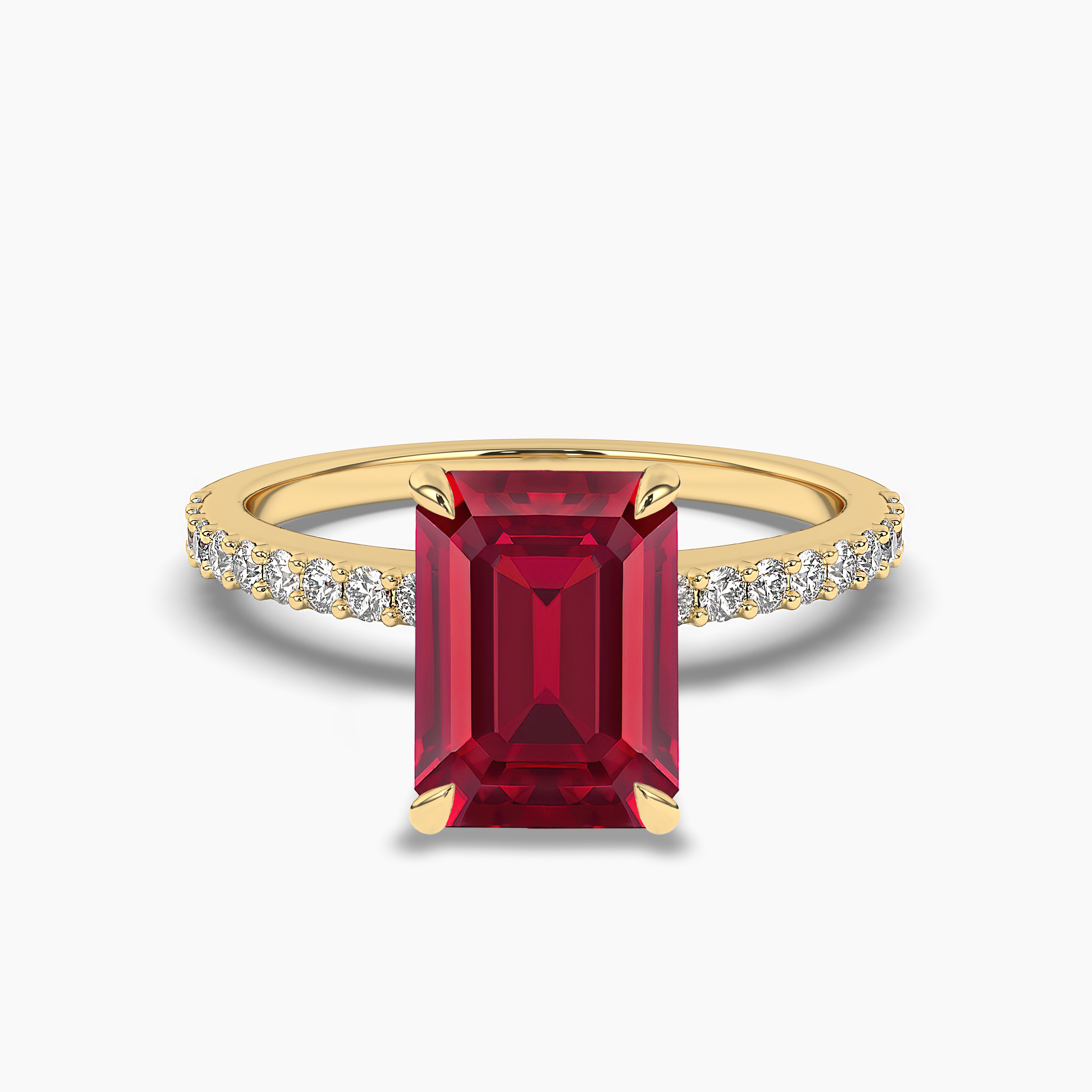 Emerald Cut Ruby gemstone Ring with Pave Diamond Band