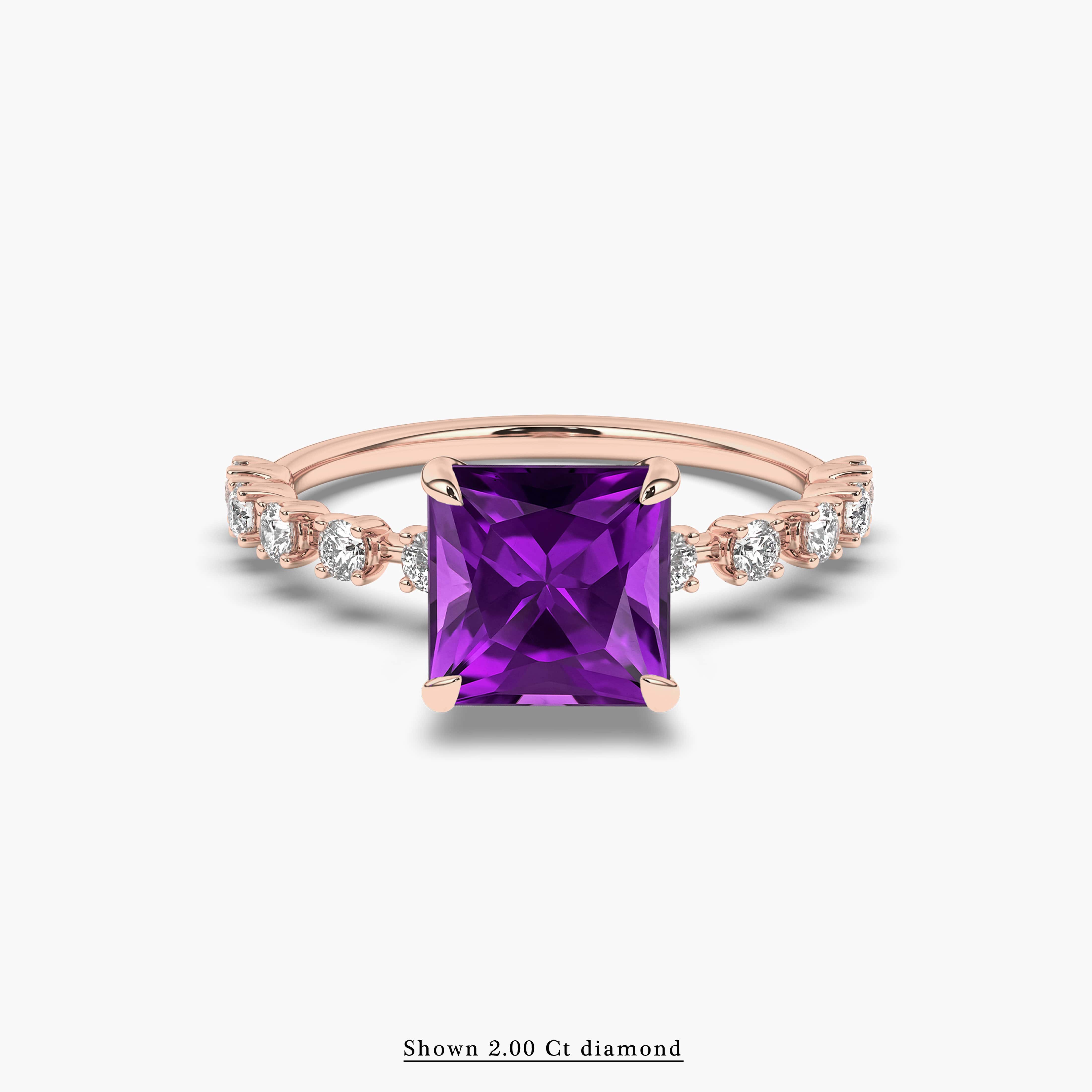 PRINCESS AMETHYST & DIAMOND SINGLE ROW HIDDEN ENGAGEMENT RING ROSE GOLD