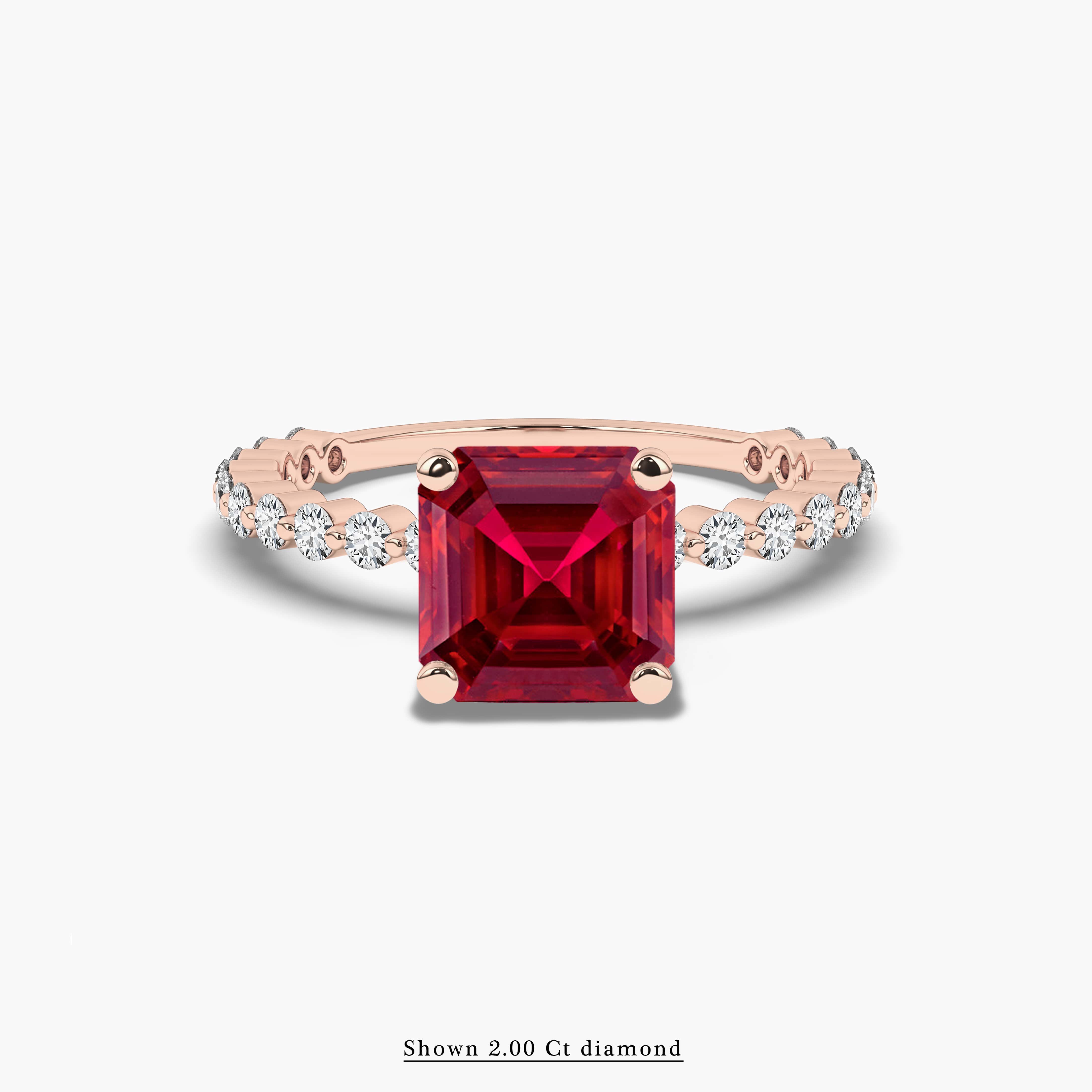 Asscher Cut diamond Side Stone Engagement Rings with Red Ruby in Rose Gold