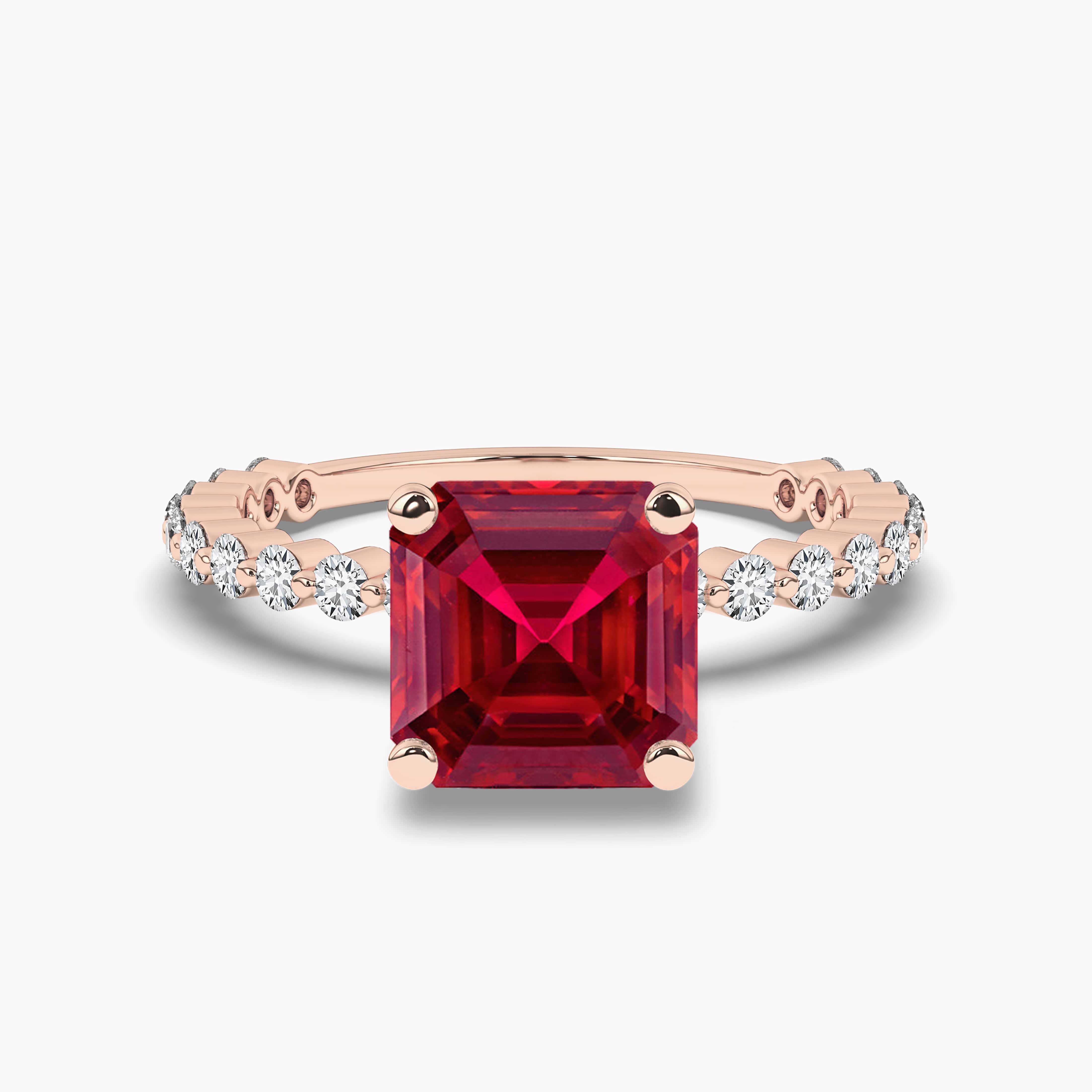 Asscher Cut diamond Side Stone Engagement Rings with Red Ruby in Rose Gold
