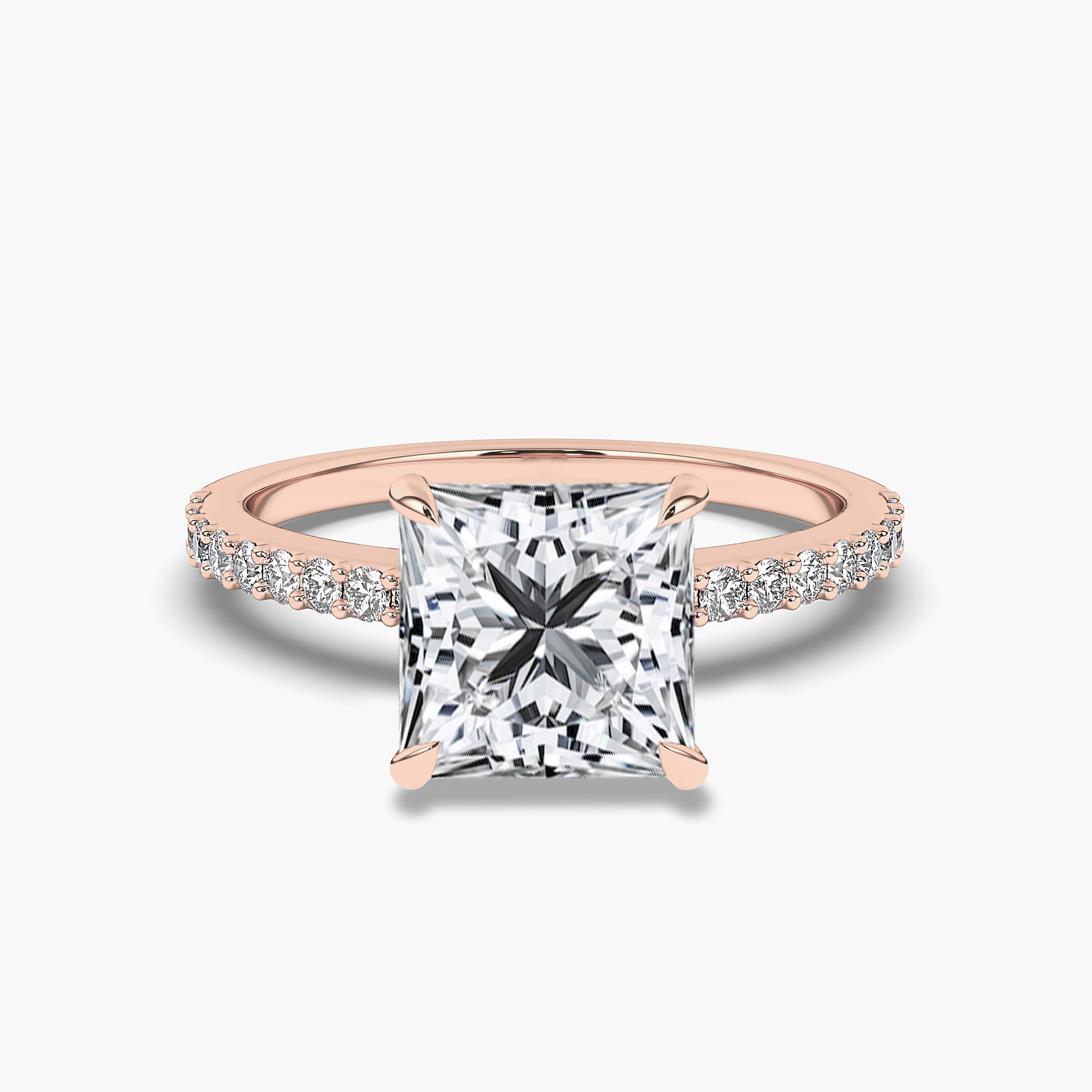 Princess Cut Rose Gold Solitaire engagement ring with Pave Diamonds
