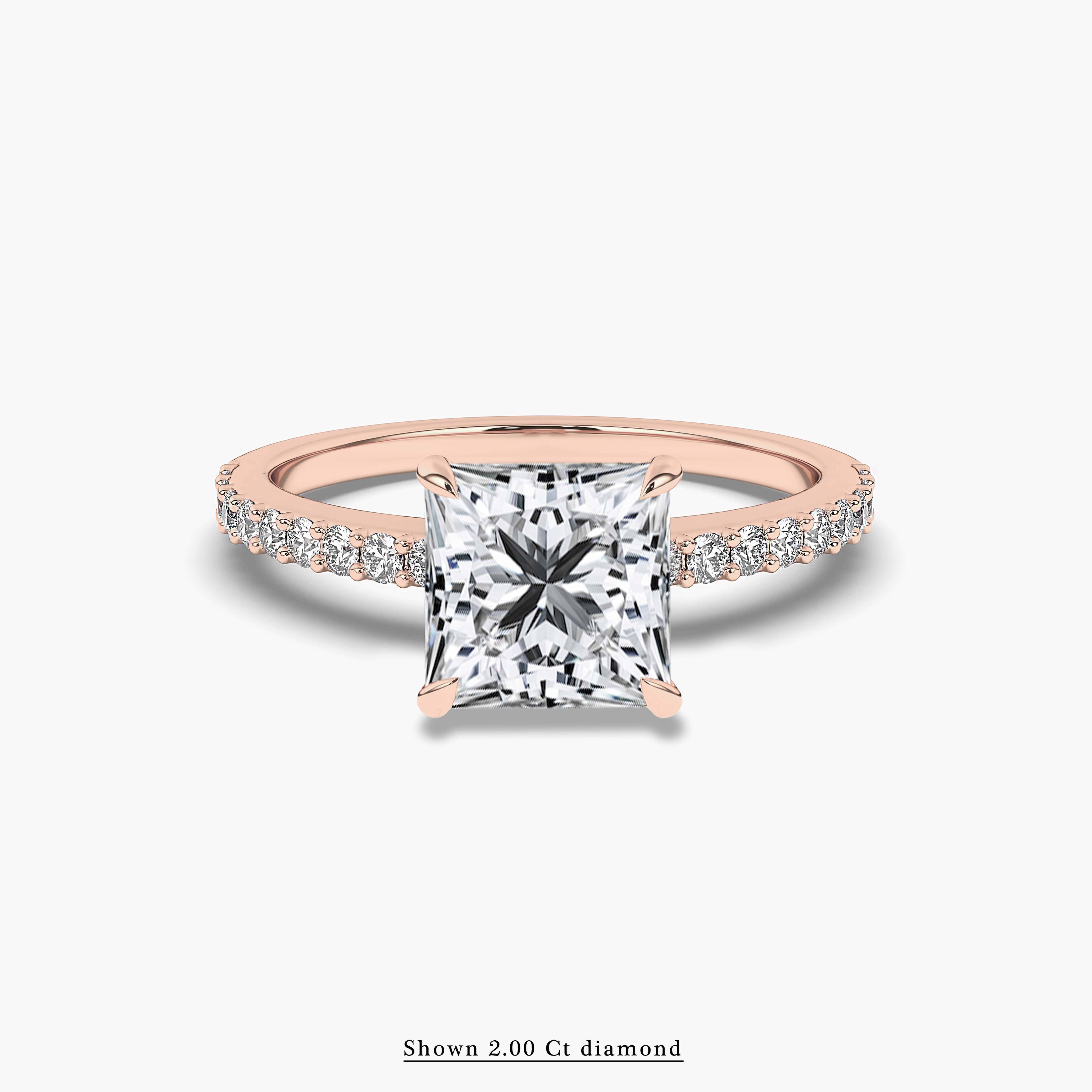 rose gold princess shape pave band engagement ring