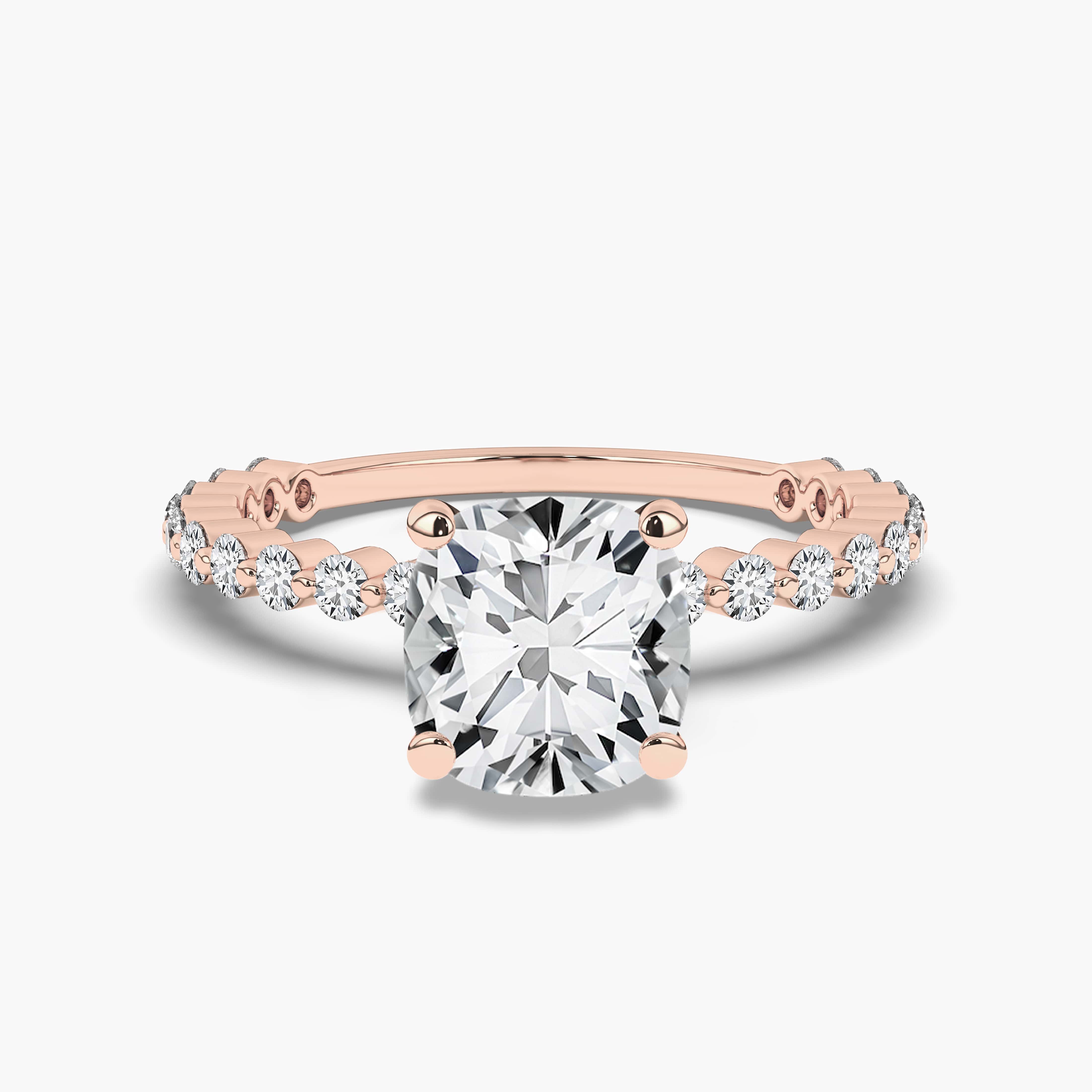 2.00 carat Shared Prong Pave Cushion Solitaire Side Stone Ring