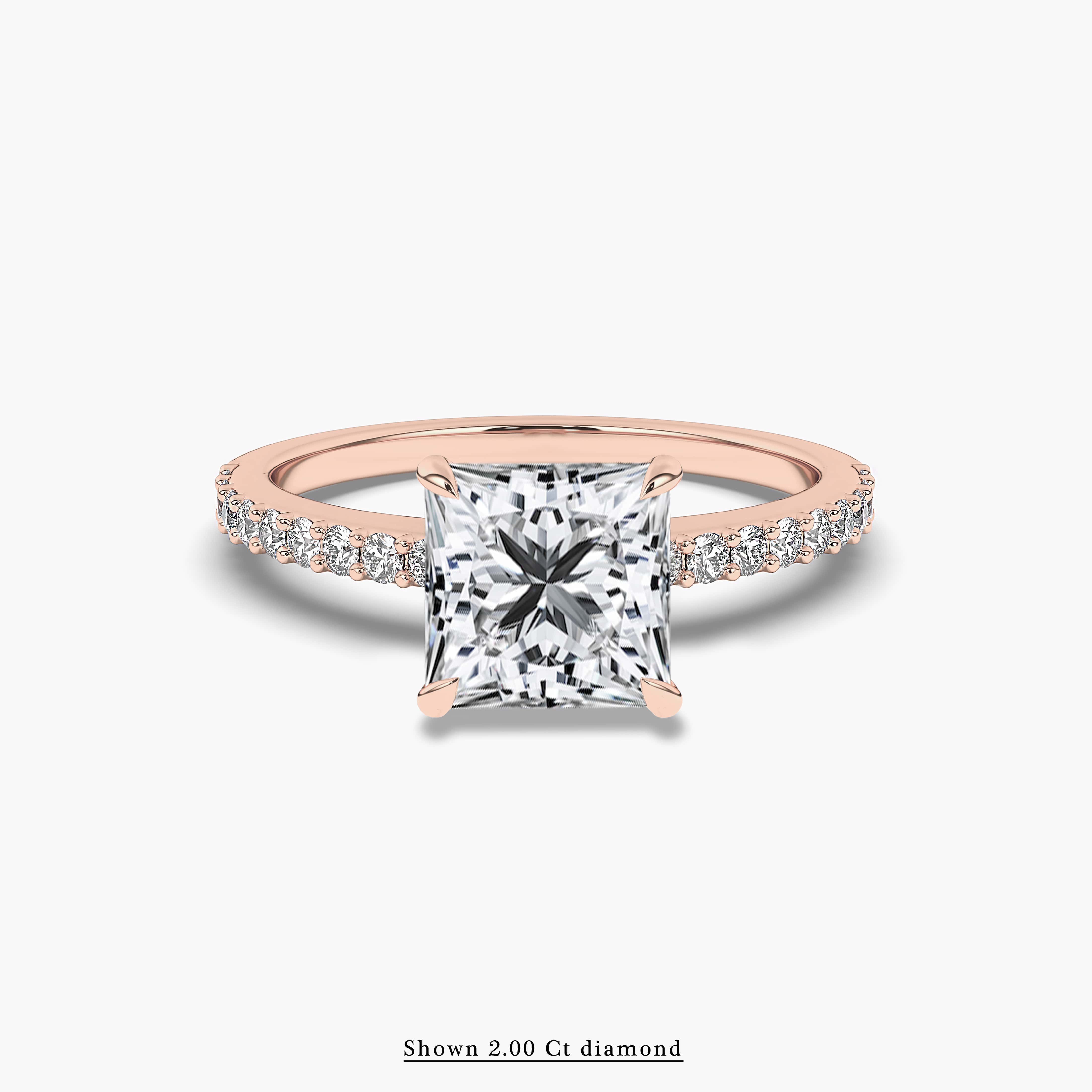 princess shape pave band engagement ring in rose gold 