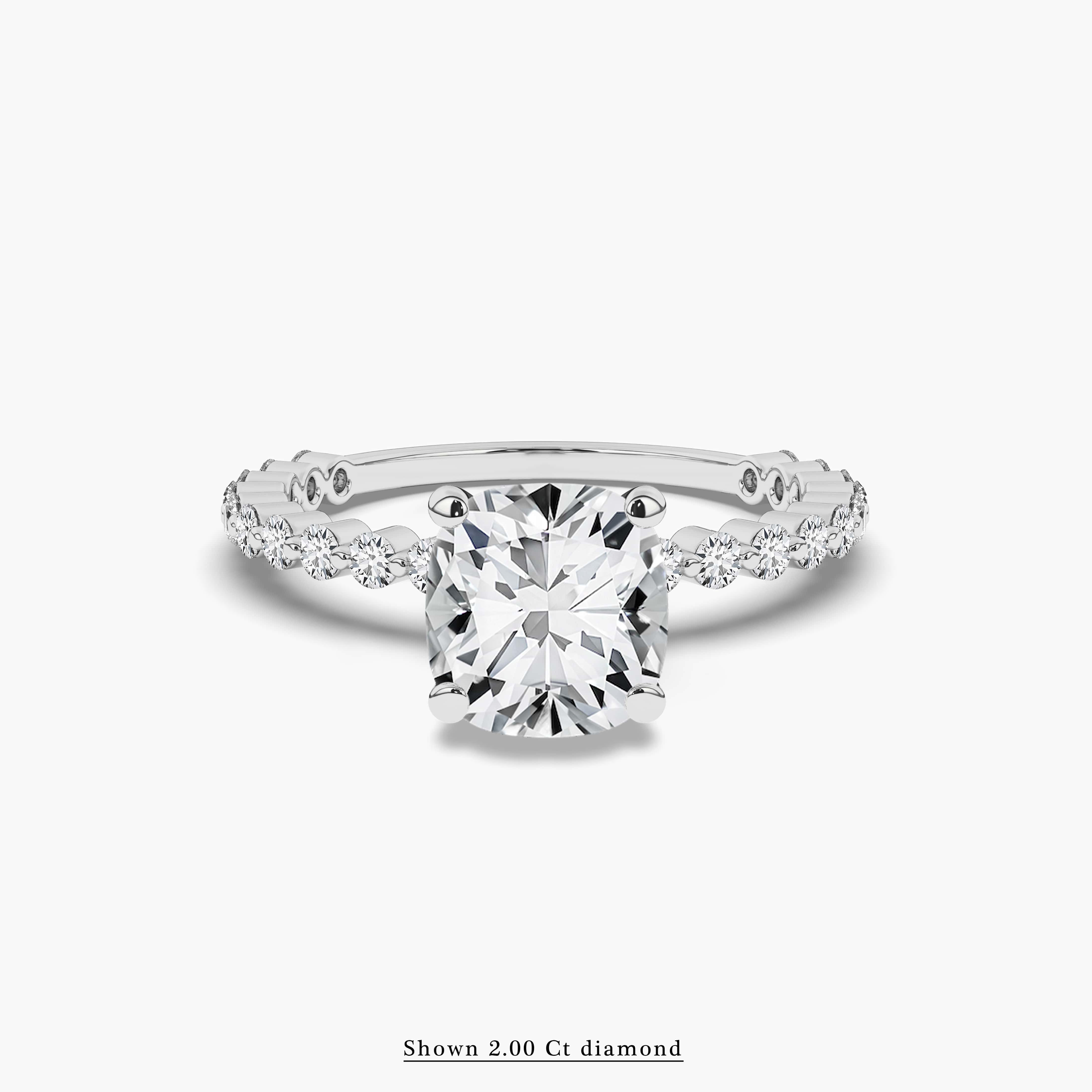 Shared Prong Pave Cushion Cut Solitaire Side Stone Ring